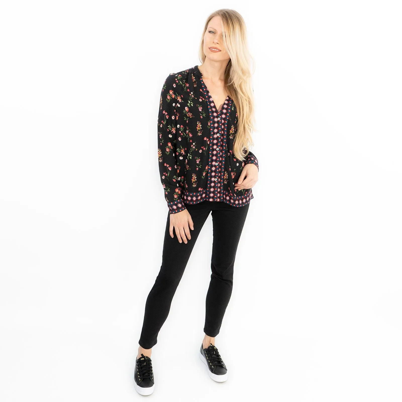 Black Floral Long Sleeve Relaxed Fit Shirts Button-Up Women's Tops