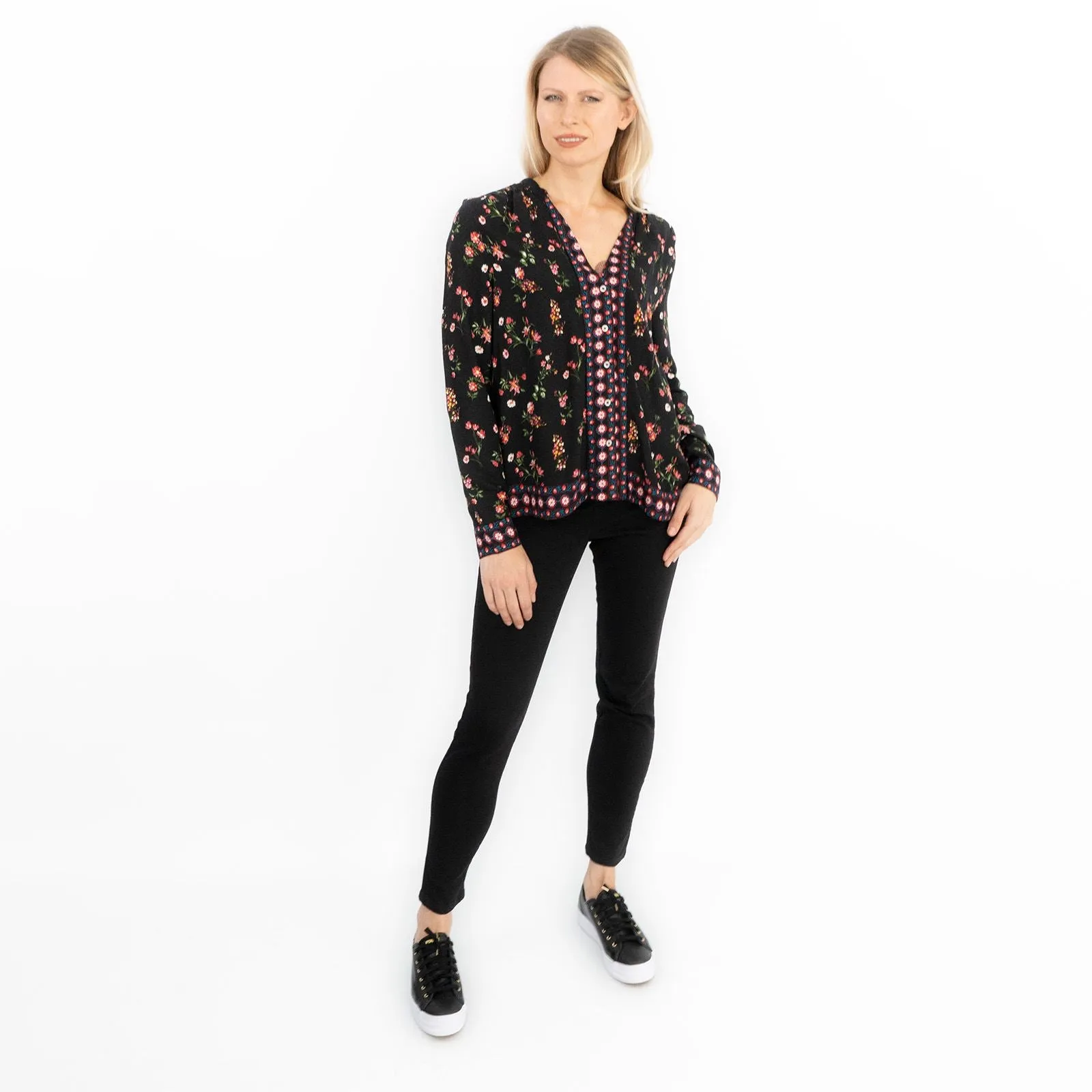 Black Floral Long Sleeve Relaxed Fit Shirts Button-Up Women's Tops