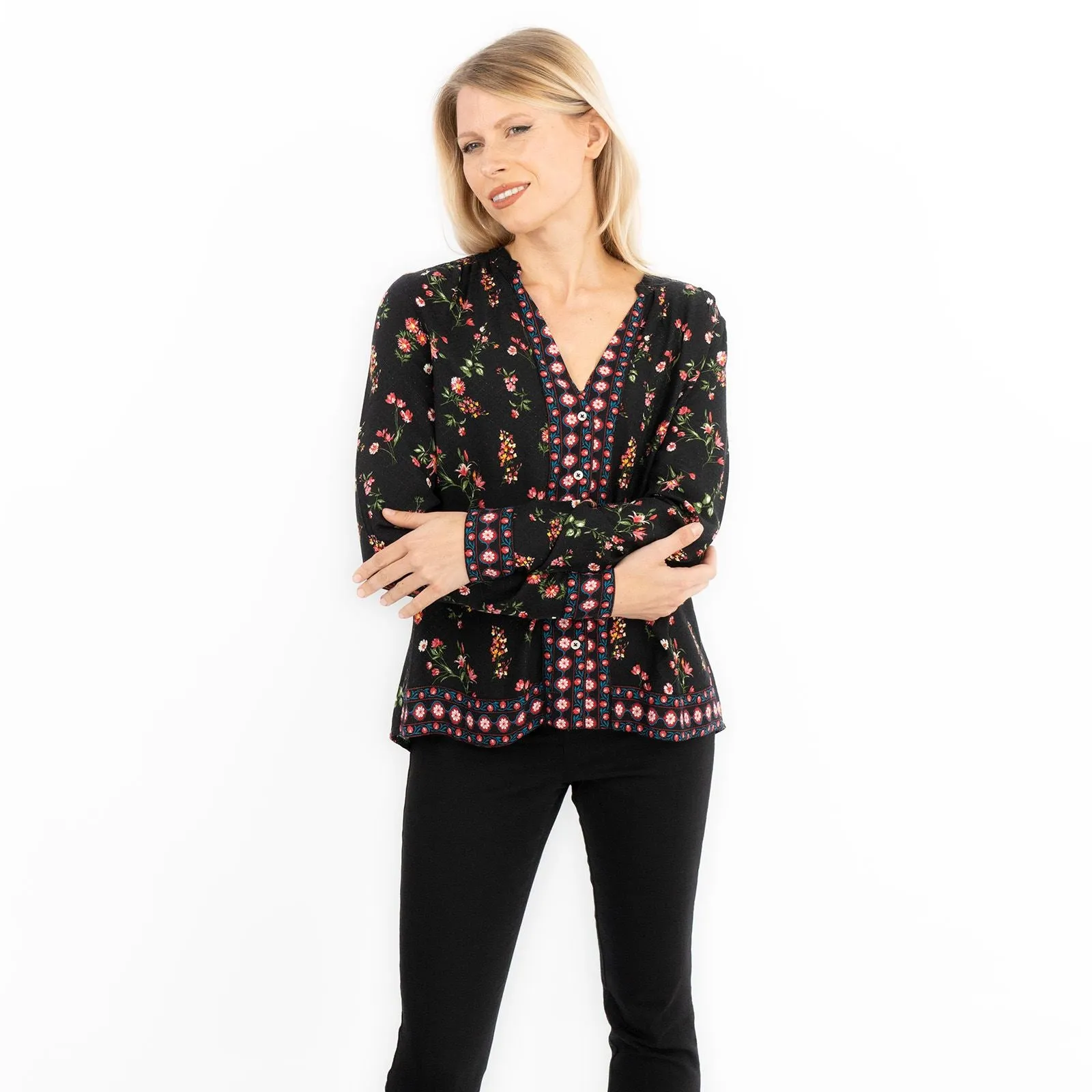 Black Floral Long Sleeve Relaxed Fit Shirts Button-Up Women's Tops