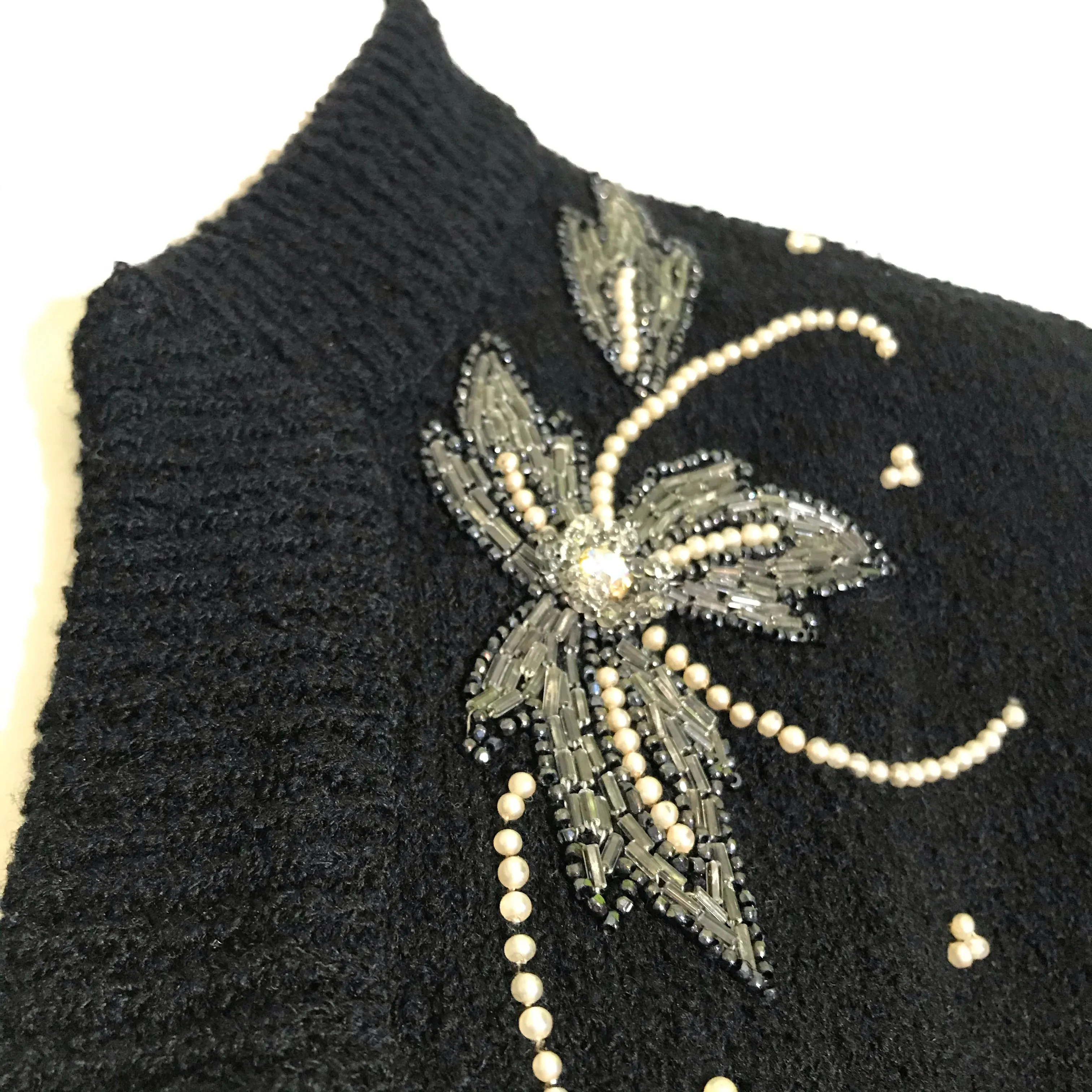 Black Knit Open Front Beaded Cardigan with Rhinestones circa 1940s