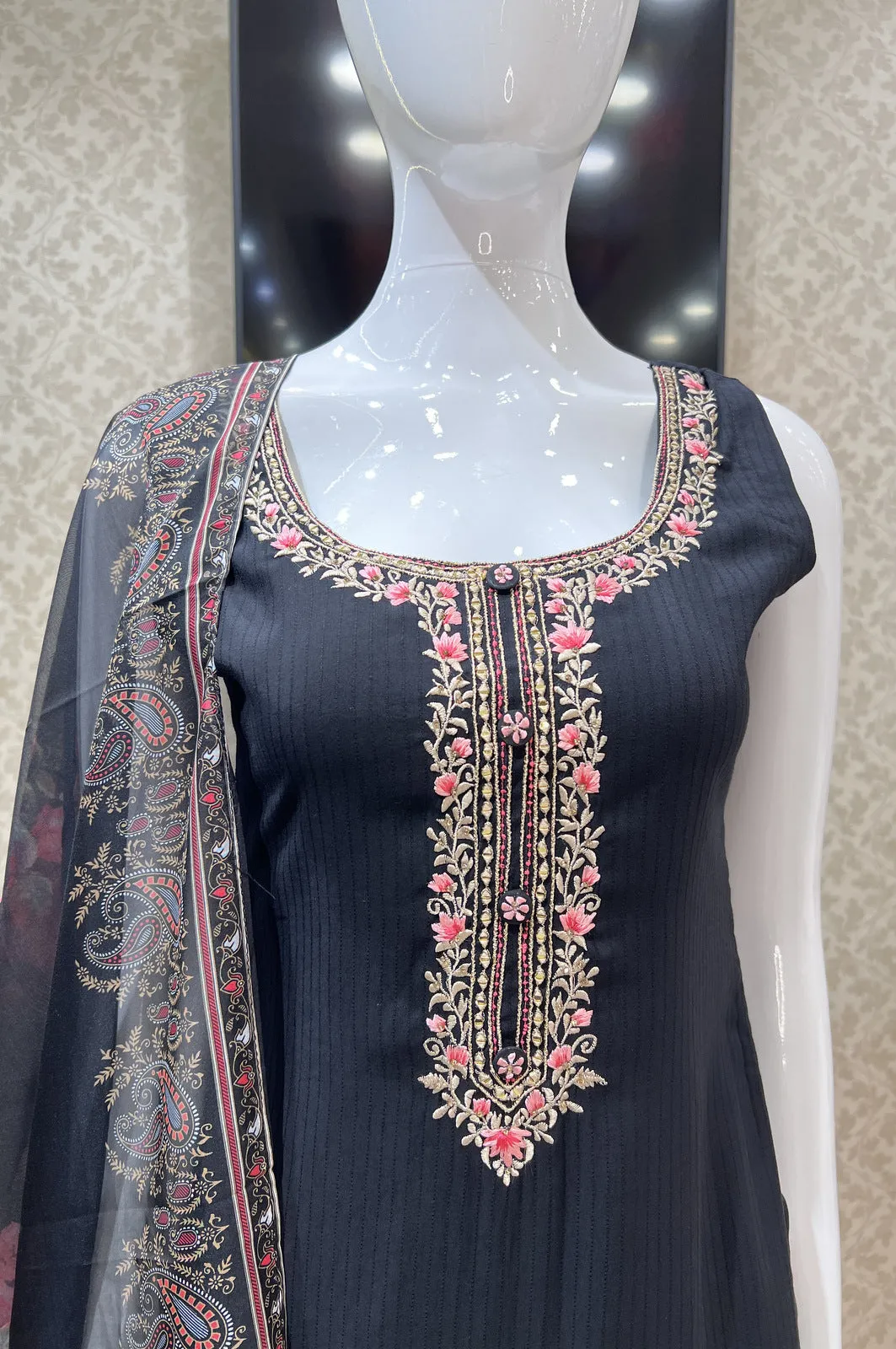 Black Multicolor Embroidery work Straight Cut Salwar Suit with Floral Print Dupatta