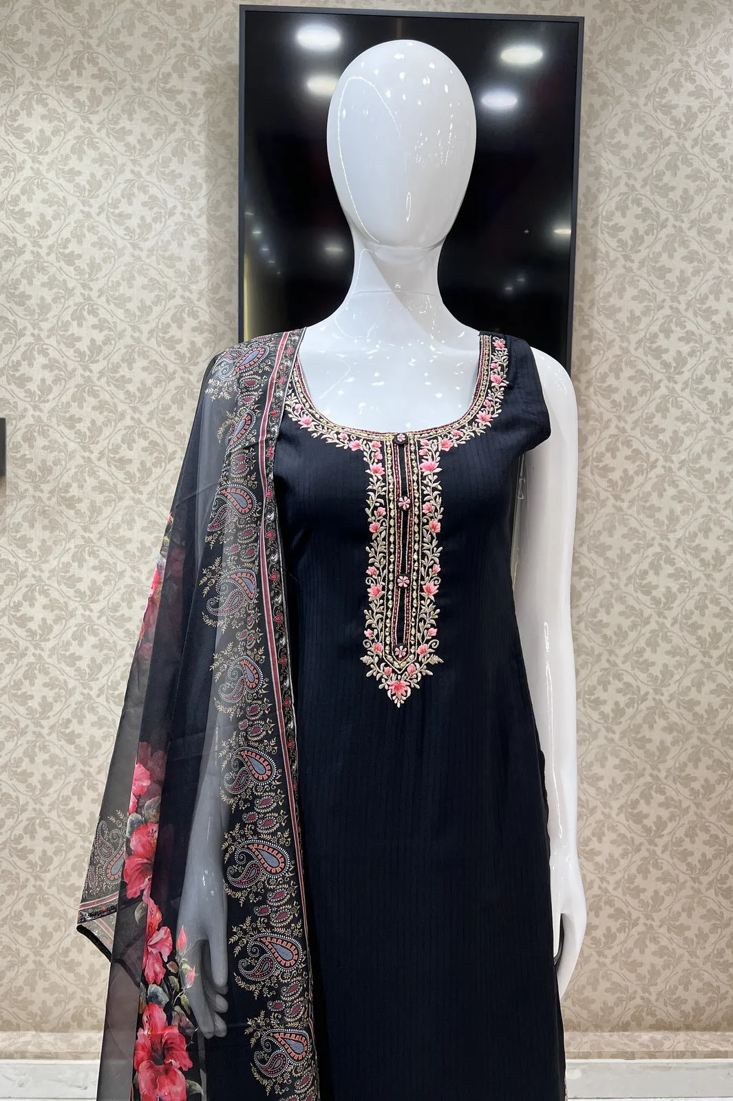 Black Multicolor Embroidery work Straight Cut Salwar Suit with Floral Print Dupatta