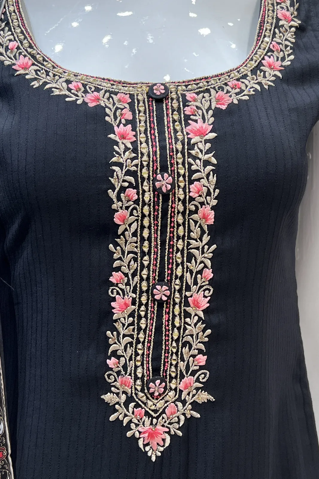 Black Multicolor Embroidery work Straight Cut Salwar Suit with Floral Print Dupatta