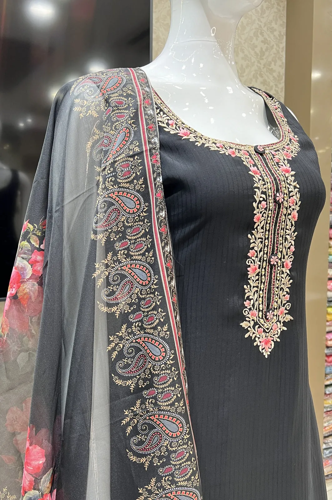 Black Multicolor Embroidery work Straight Cut Salwar Suit with Floral Print Dupatta