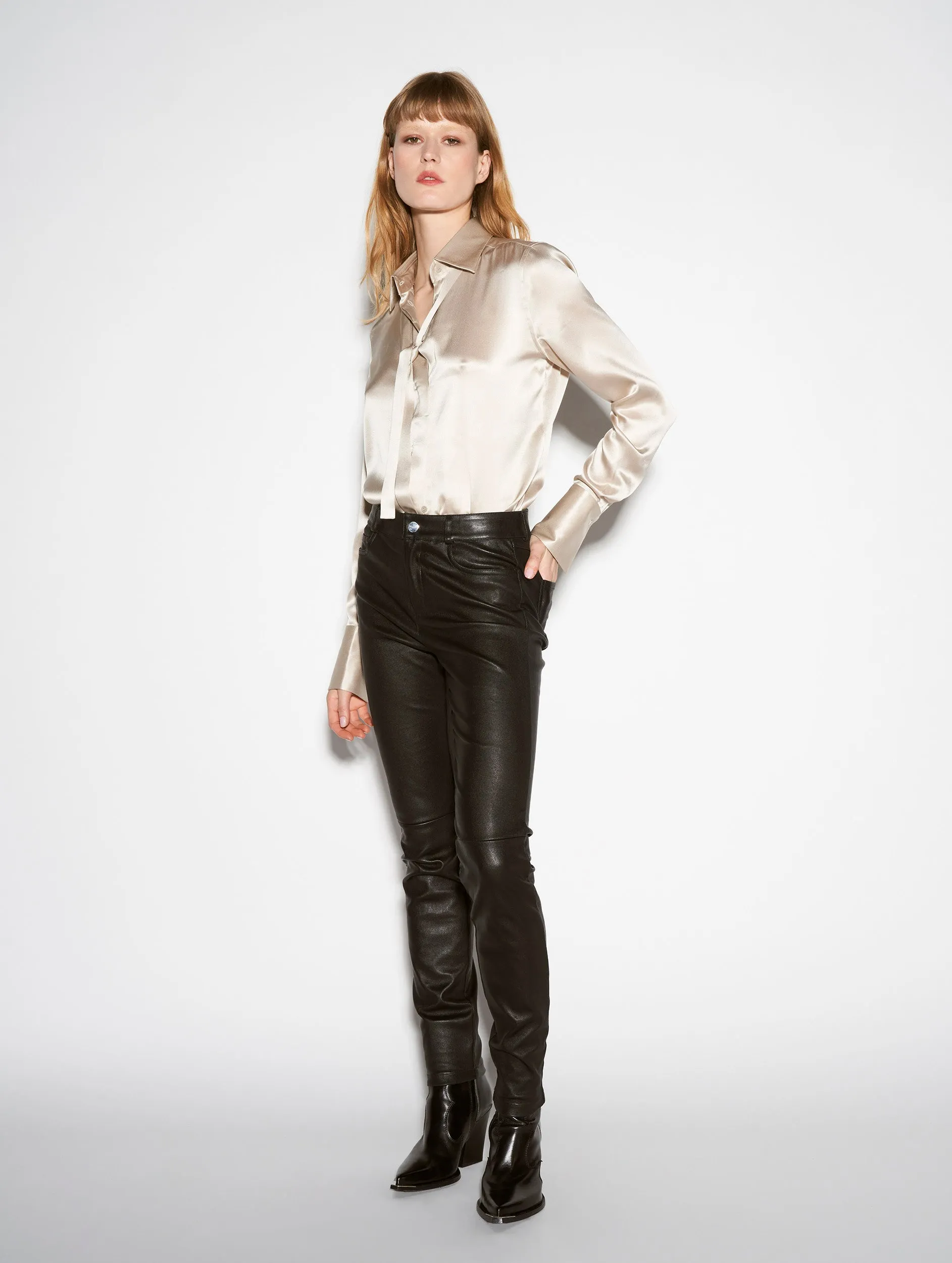 Black stretch plongé leather slim-fit trousers