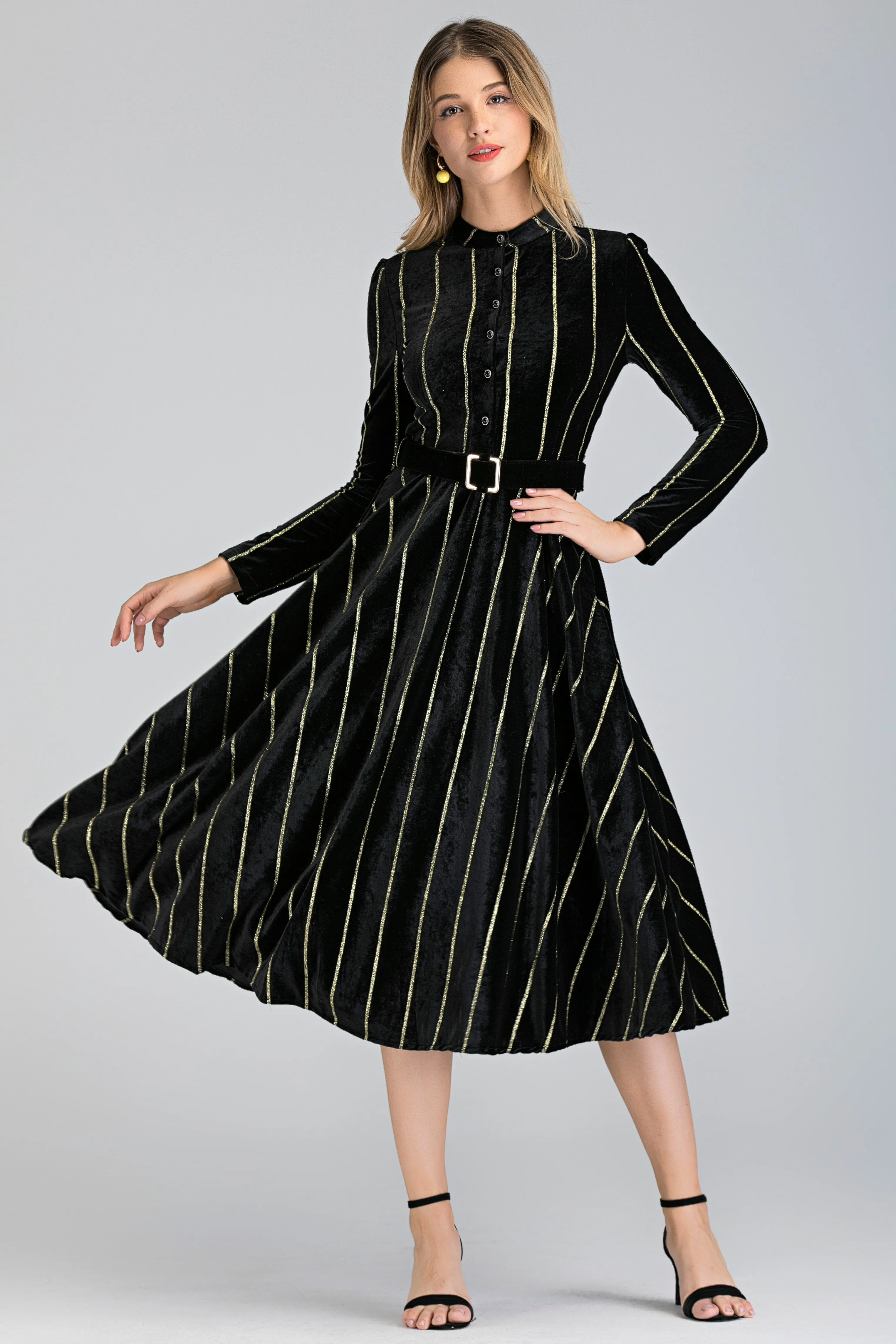 Black Velvet Gold Stripe Maxi Dress