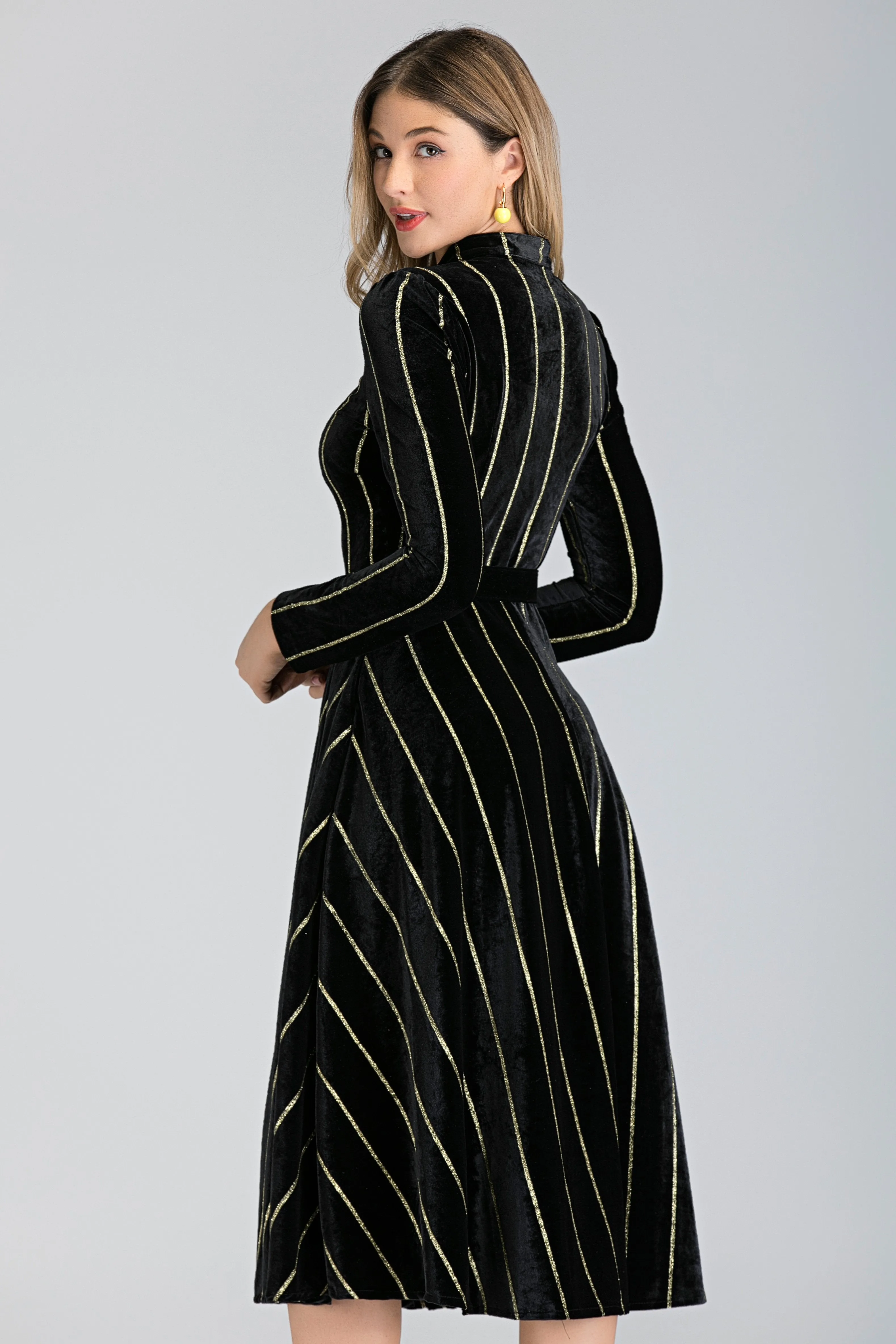 Black Velvet Gold Stripe Maxi Dress