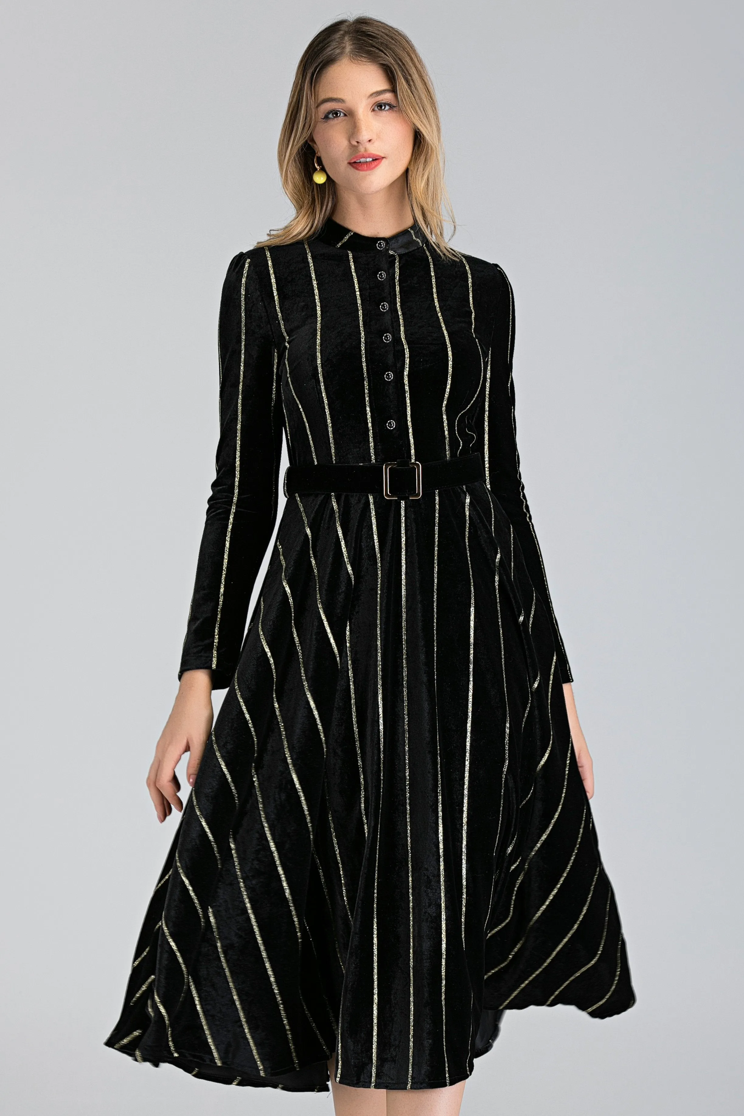 Black Velvet Gold Stripe Maxi Dress