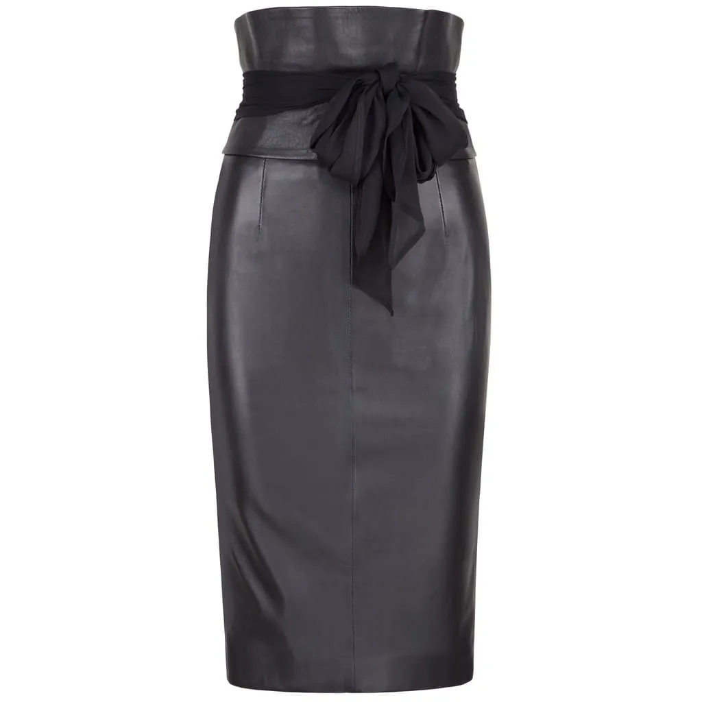 Black Women's High Waist Leather Pencil Skirt