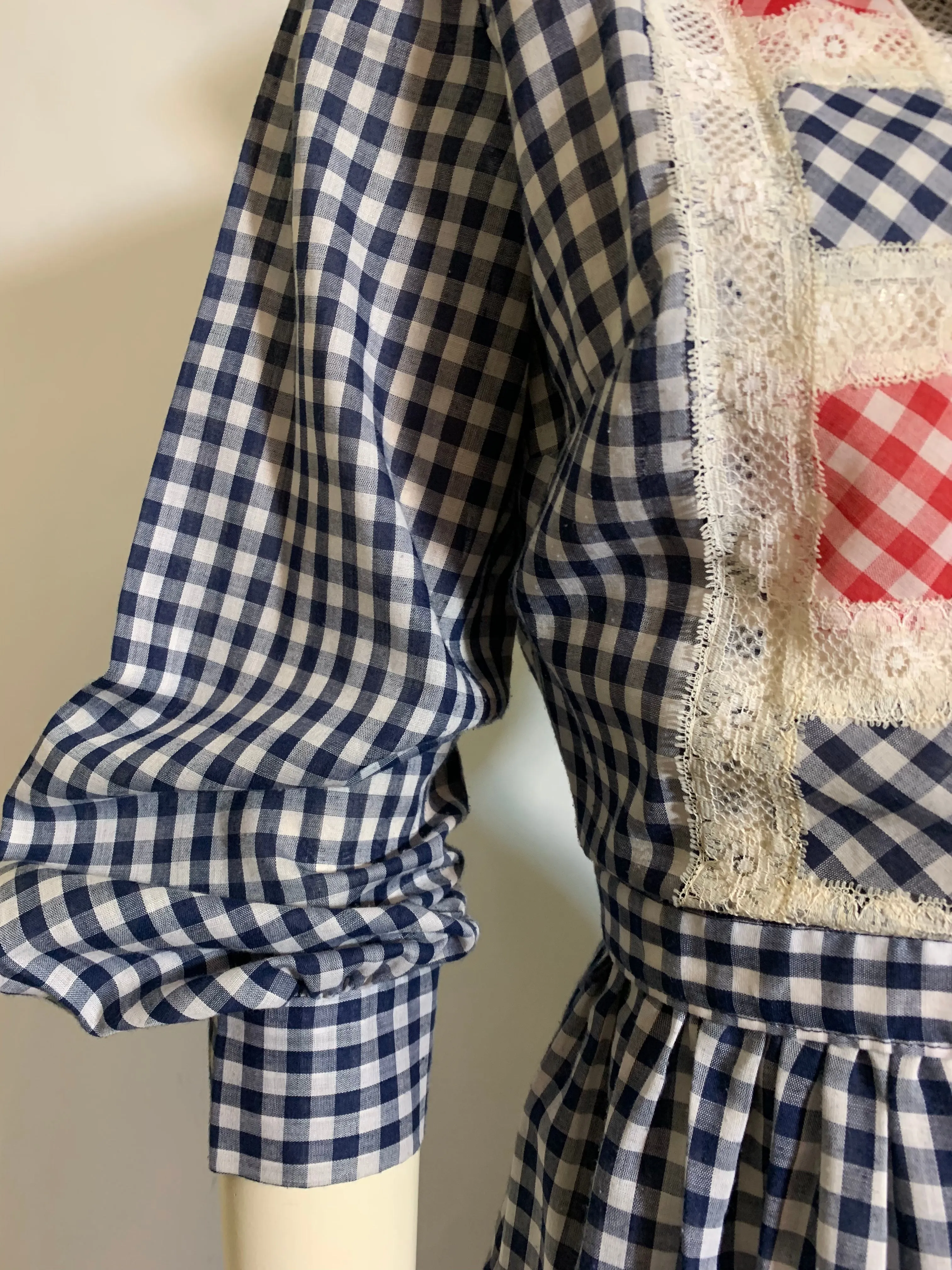 Blue and White Gingham Cotton Lace Trimmed Dress circa 1970s