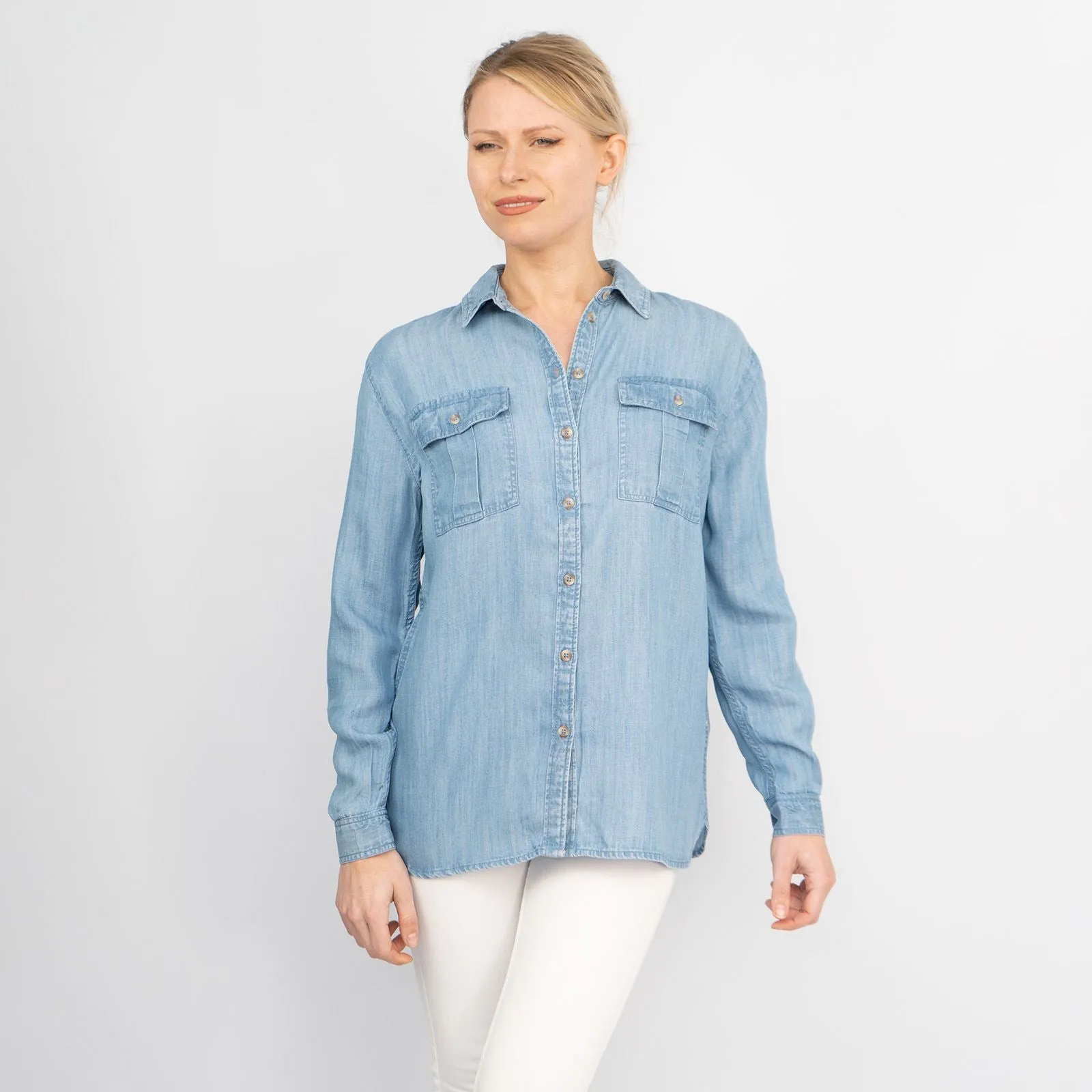 Blue Chambray Soft Linen Rich Long Sleeve Shirt Button-Up Tops