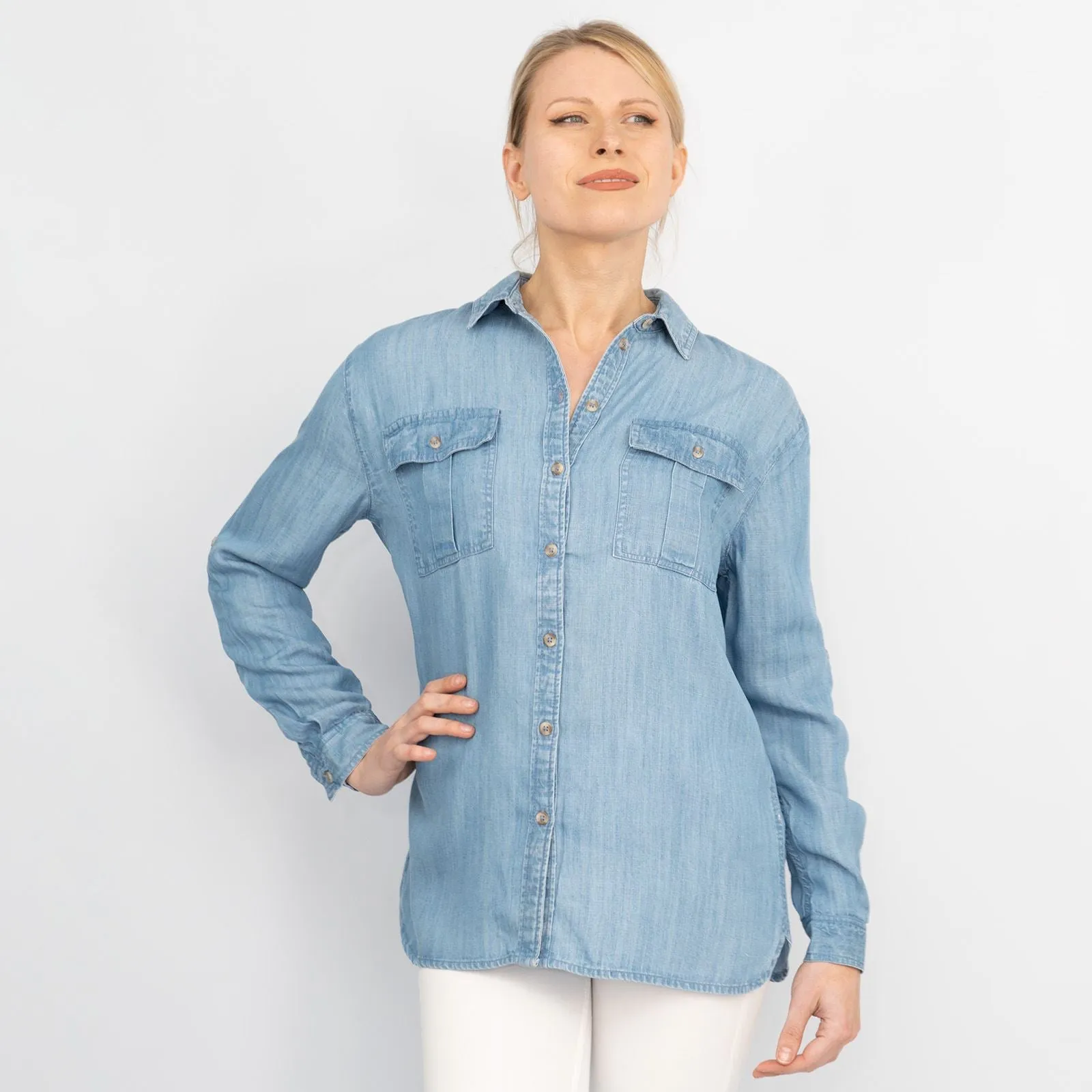 Blue Chambray Soft Linen Rich Long Sleeve Shirt Button-Up Tops