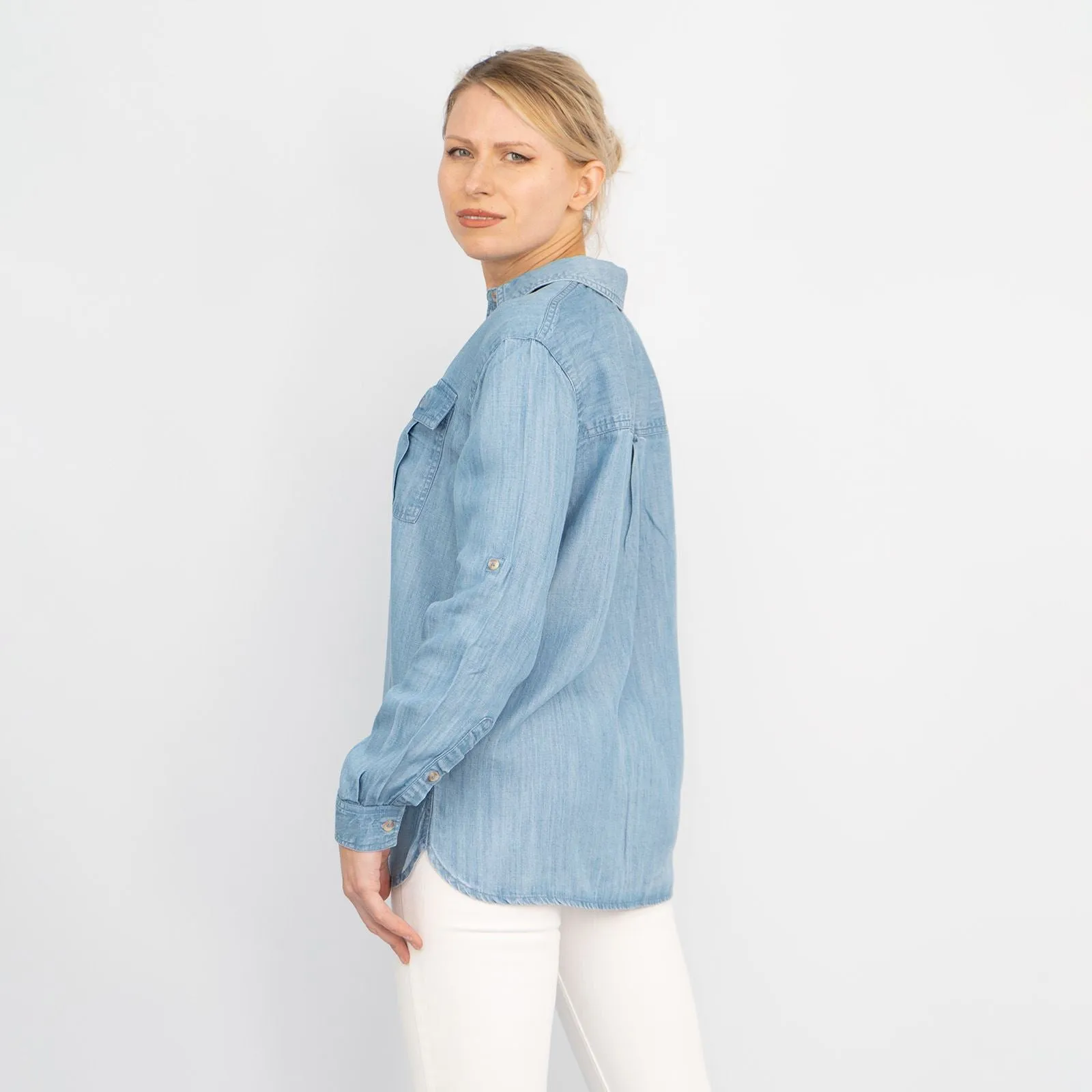 Blue Chambray Soft Linen Rich Long Sleeve Shirt Button-Up Tops