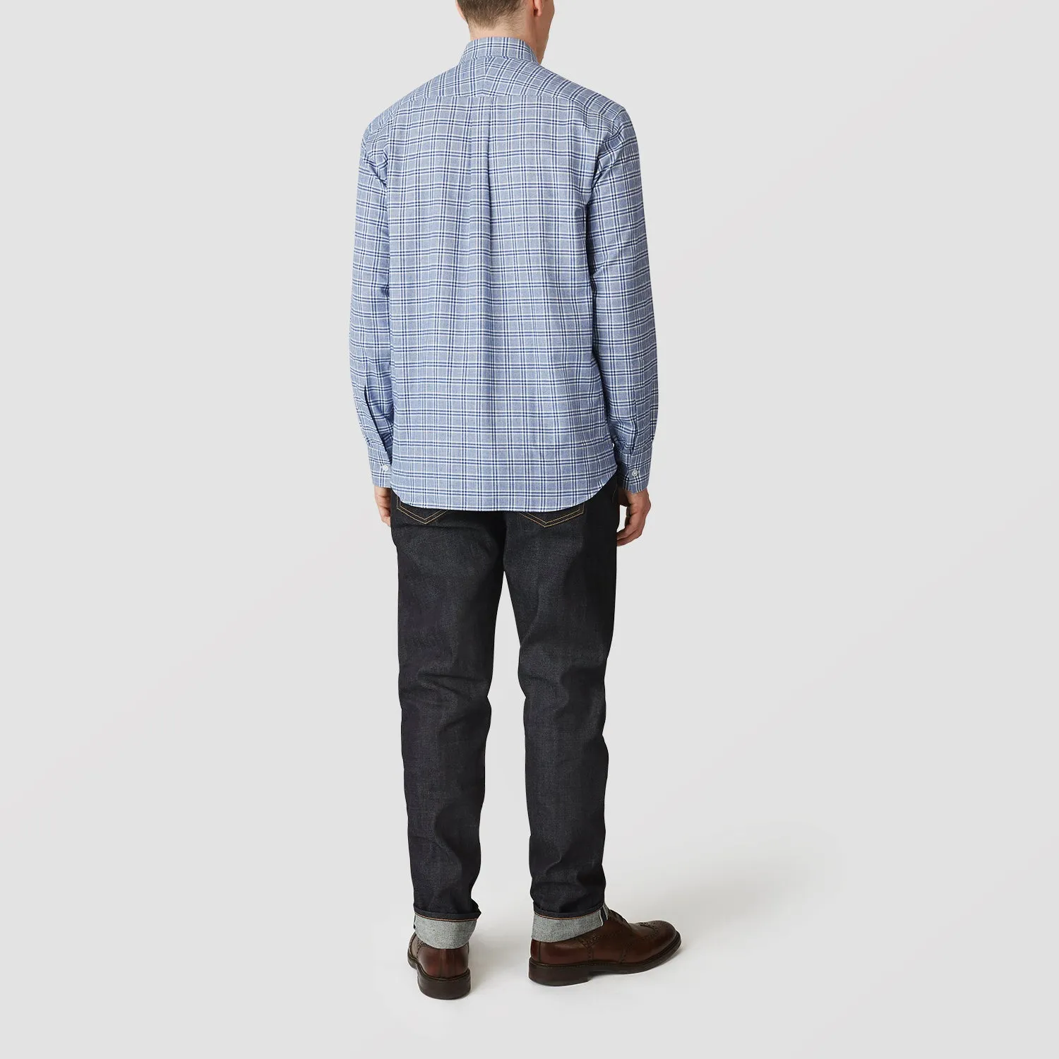 Blue Check Weekend Fit Shirt With Derby Collar and 1-Button Cuffs