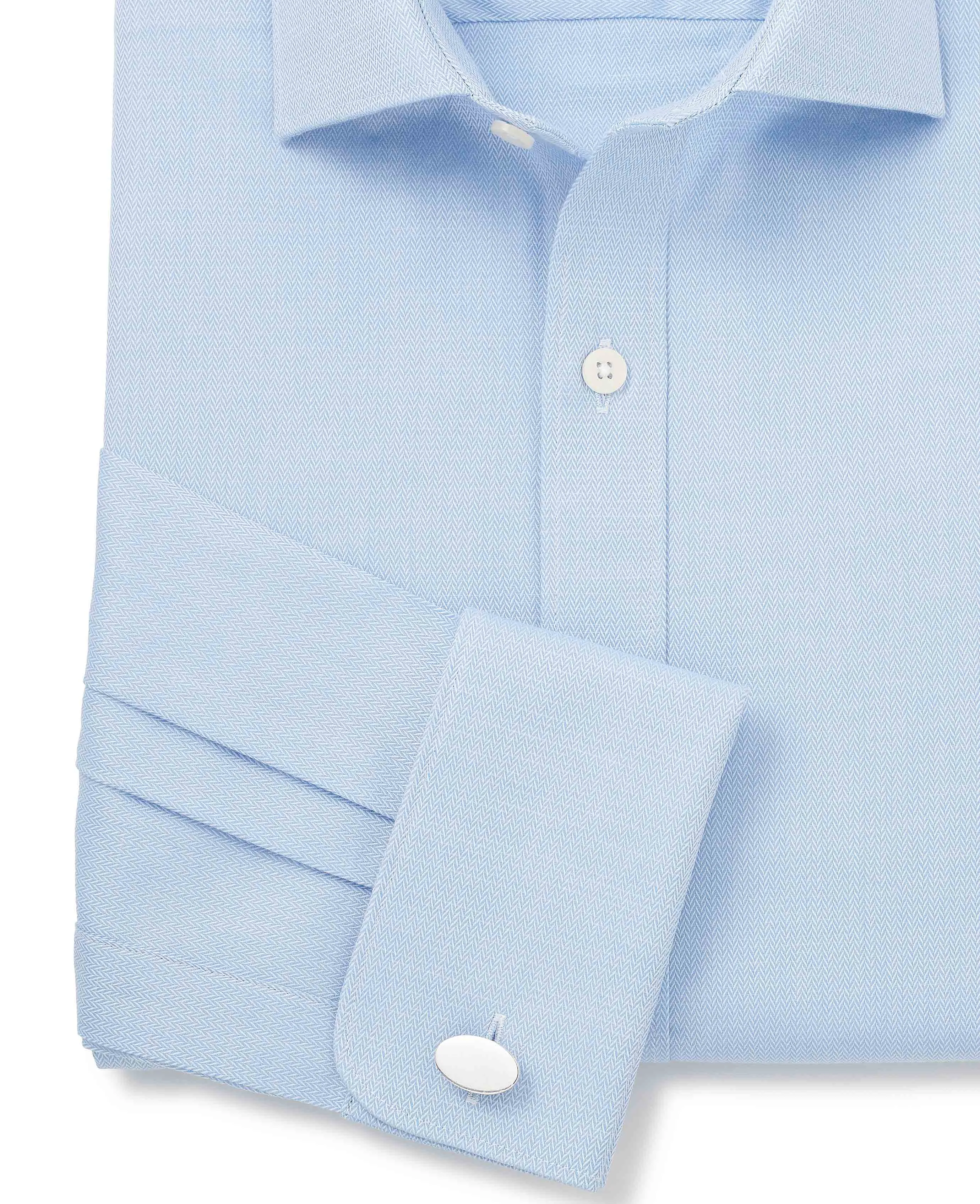 Blue Cotton Herringbone Slim Fit Formal Shirt - Double Cuff