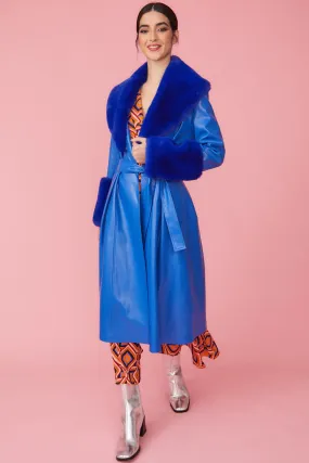 Blue Faux Leather Trench Coat with Faux Fur Collar and Cuffs