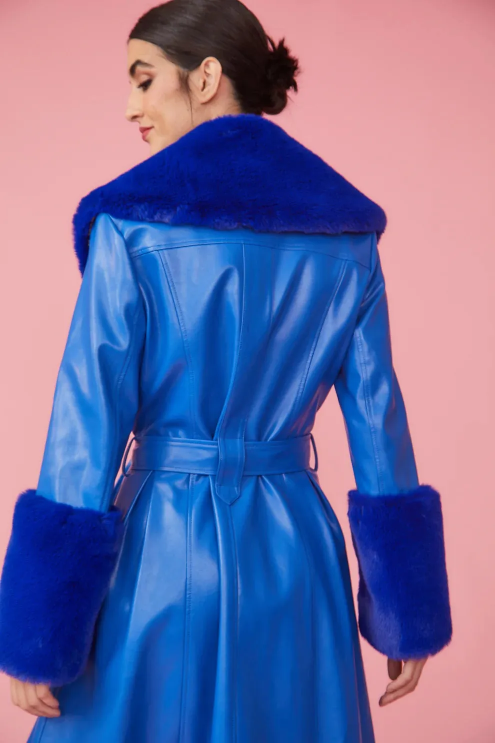 Blue Faux Leather Trench Coat with Faux Fur Collar and Cuffs