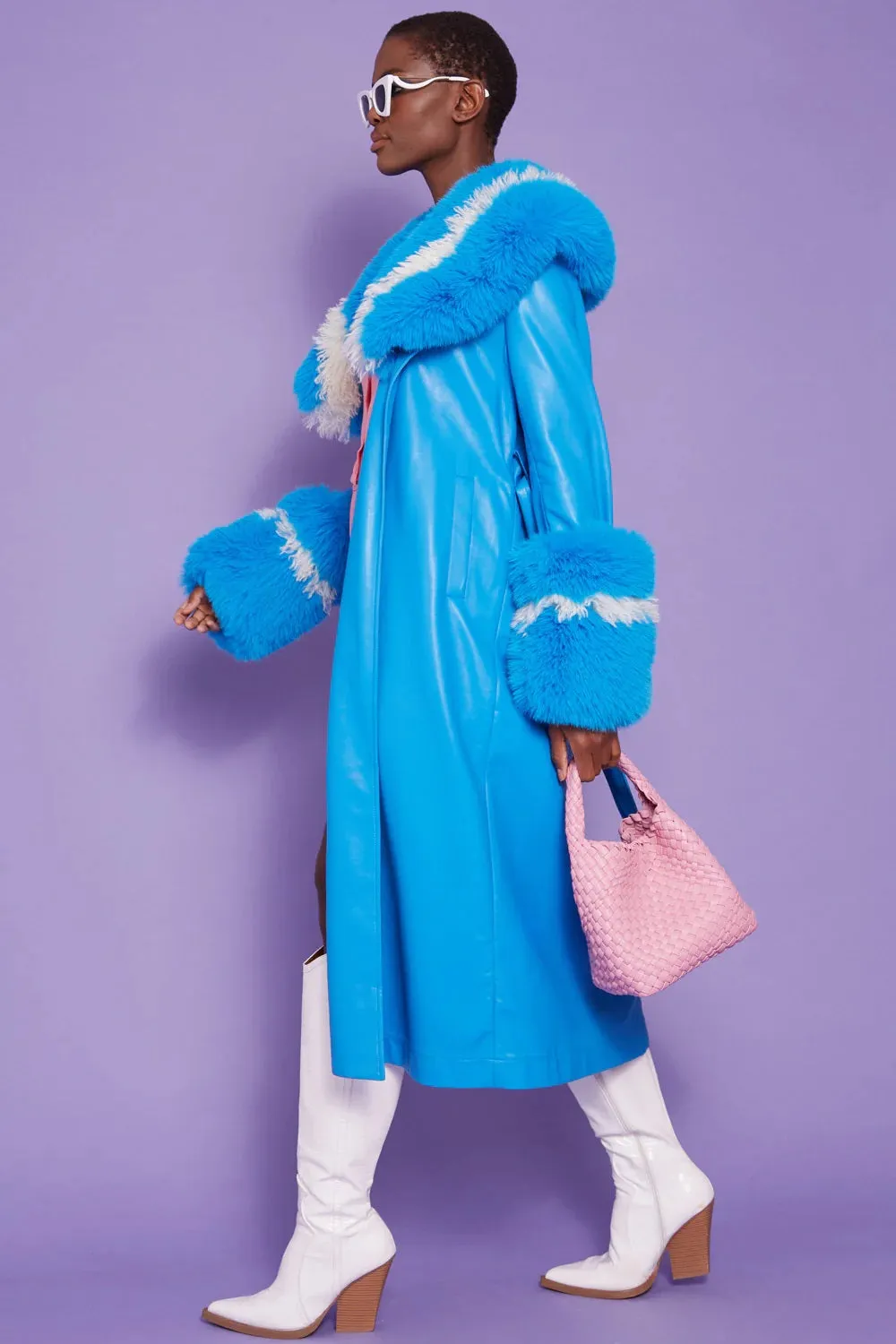 Blue Faux Leather Trench Coat with Faux Fur Collar