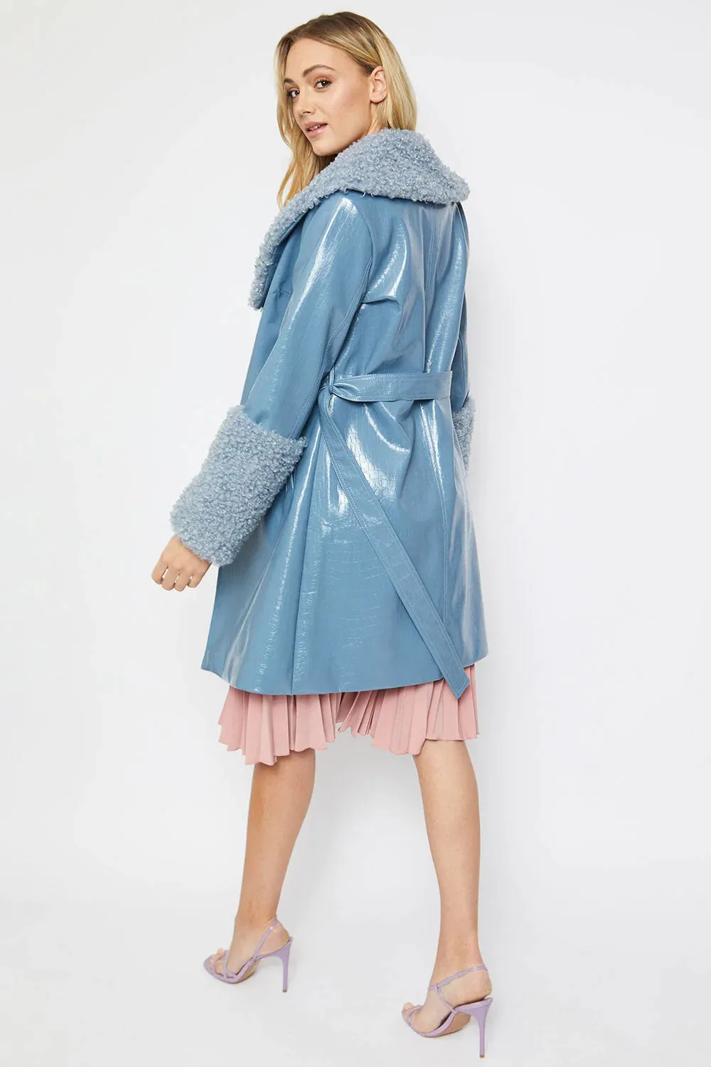 Blue Faux Leather Trench Coat with Faux Shearling Collar and Cuffs