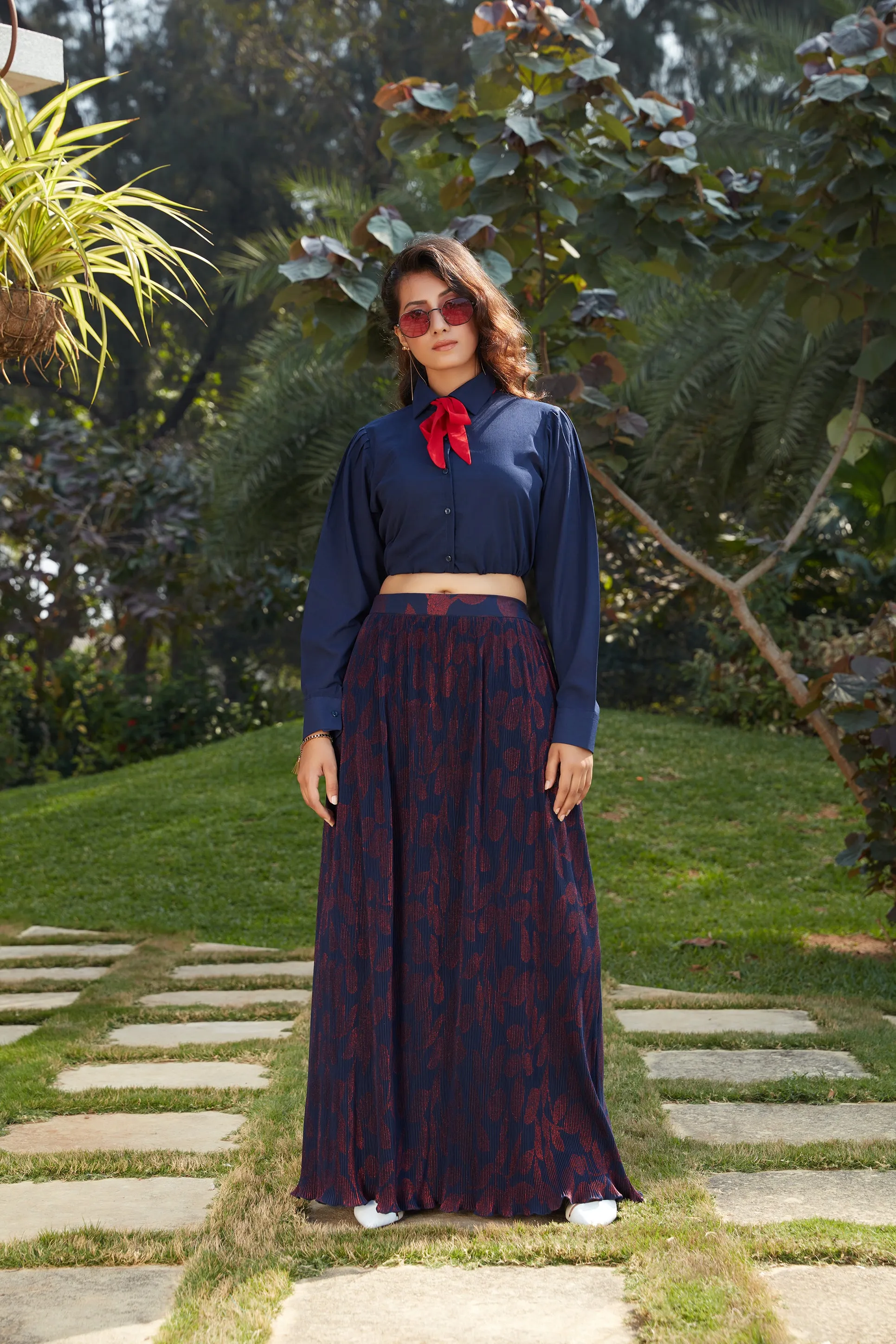 Blue Georgette Fancy Shirt Style Crop Top With Printed Skirt