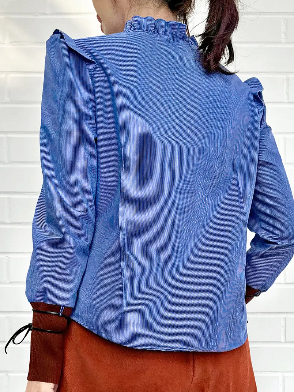 Blue Striped Patch Knitted Tie Cuffs Ruffle Blouse