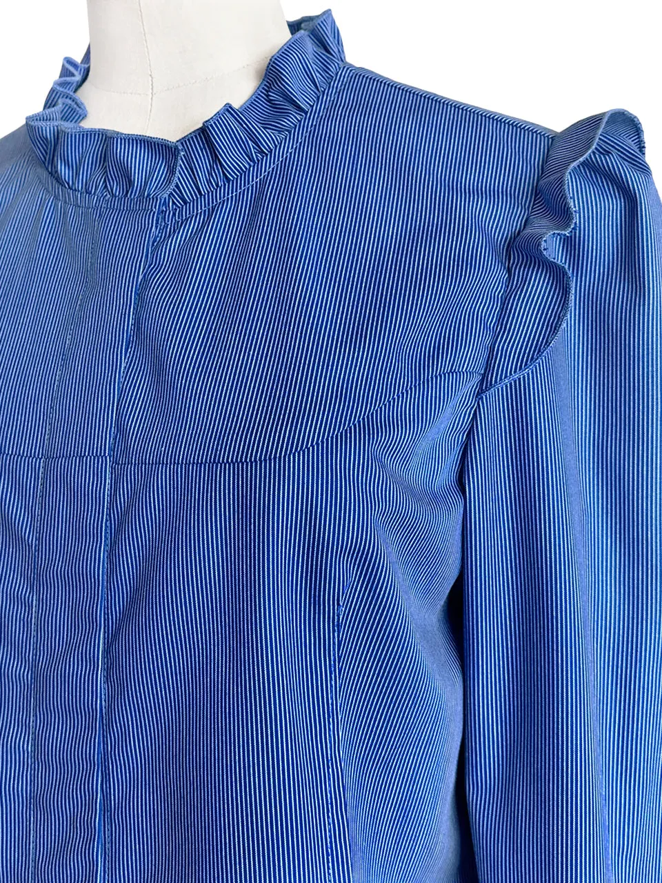 Blue Striped Patch Knitted Tie Cuffs Ruffle Blouse