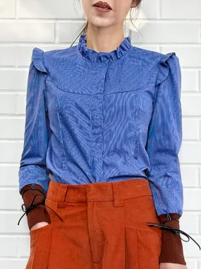 Blue Striped Patch Knitted Tie Cuffs Ruffle Blouse