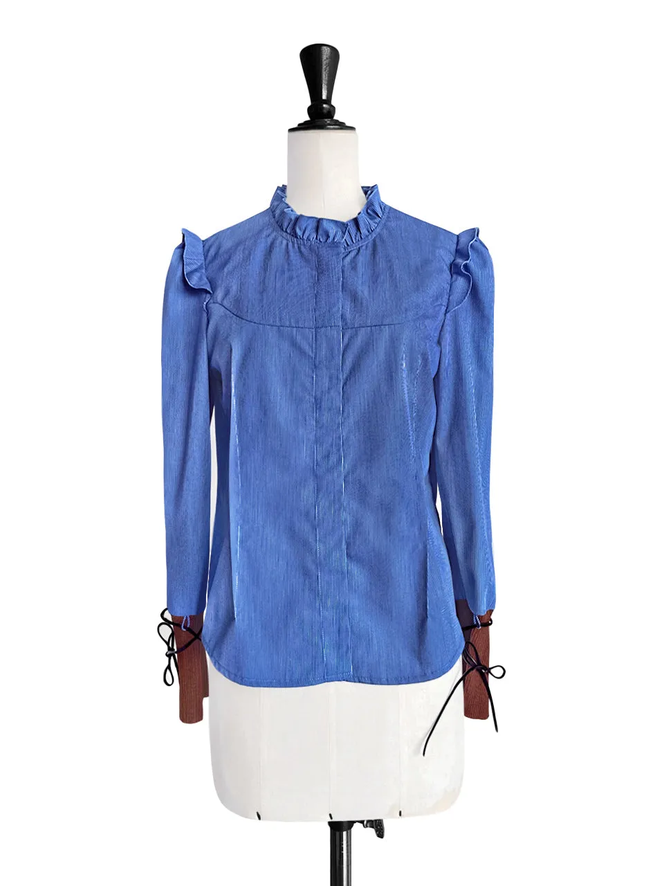 Blue Striped Patch Knitted Tie Cuffs Ruffle Blouse