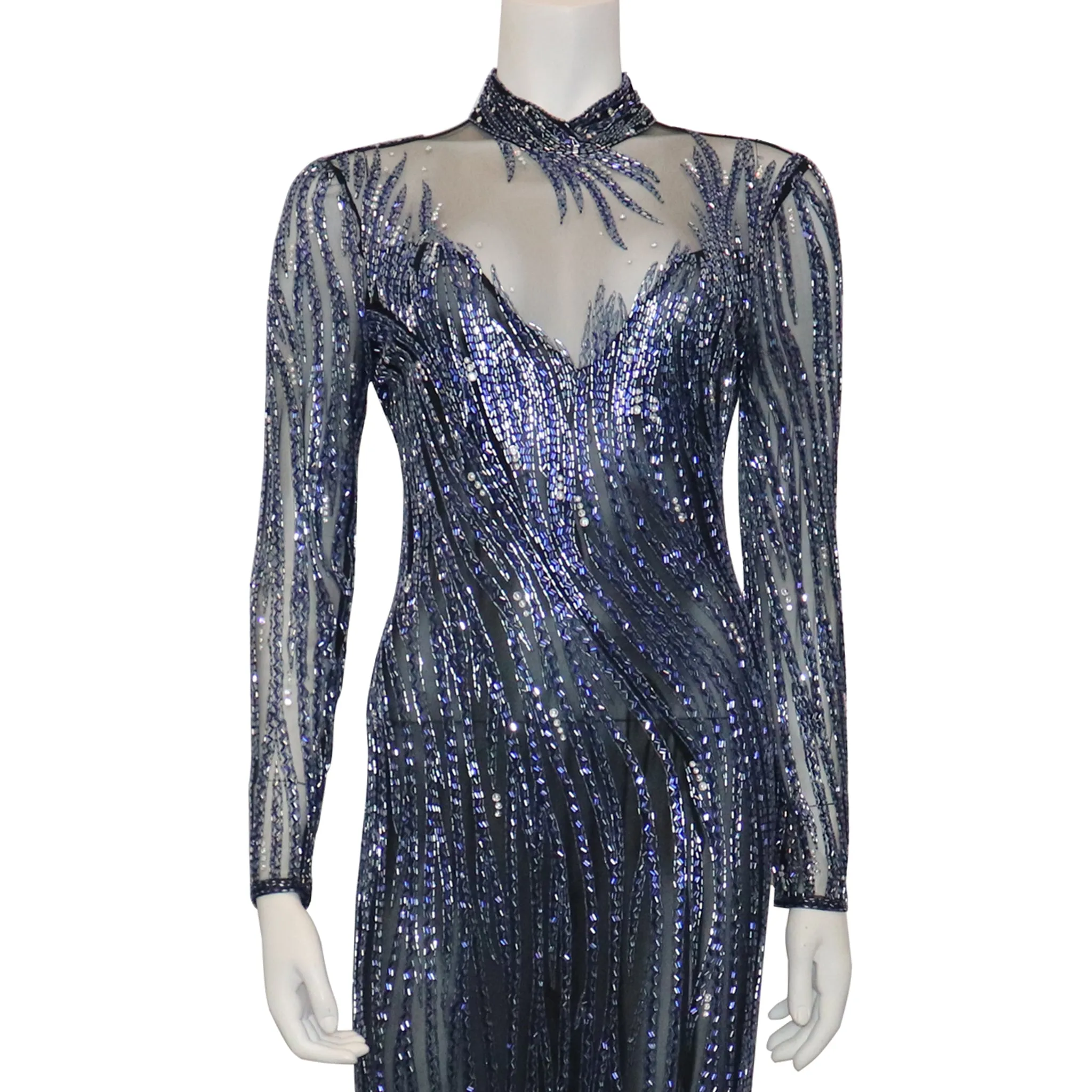 Bob Mackie Black Mesh w/ Blue Beading Long Sleeve High Neck Gown Circa 1990s