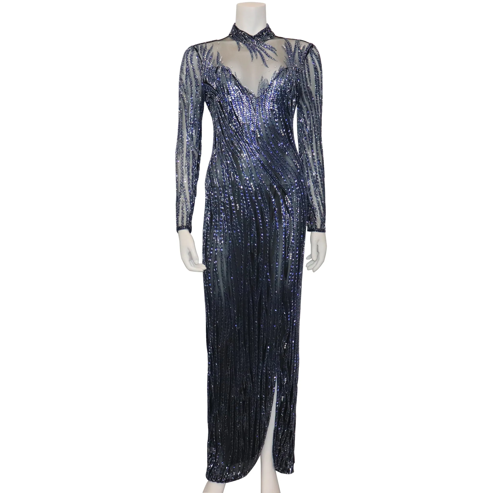 Bob Mackie Black Mesh w/ Blue Beading Long Sleeve High Neck Gown Circa 1990s