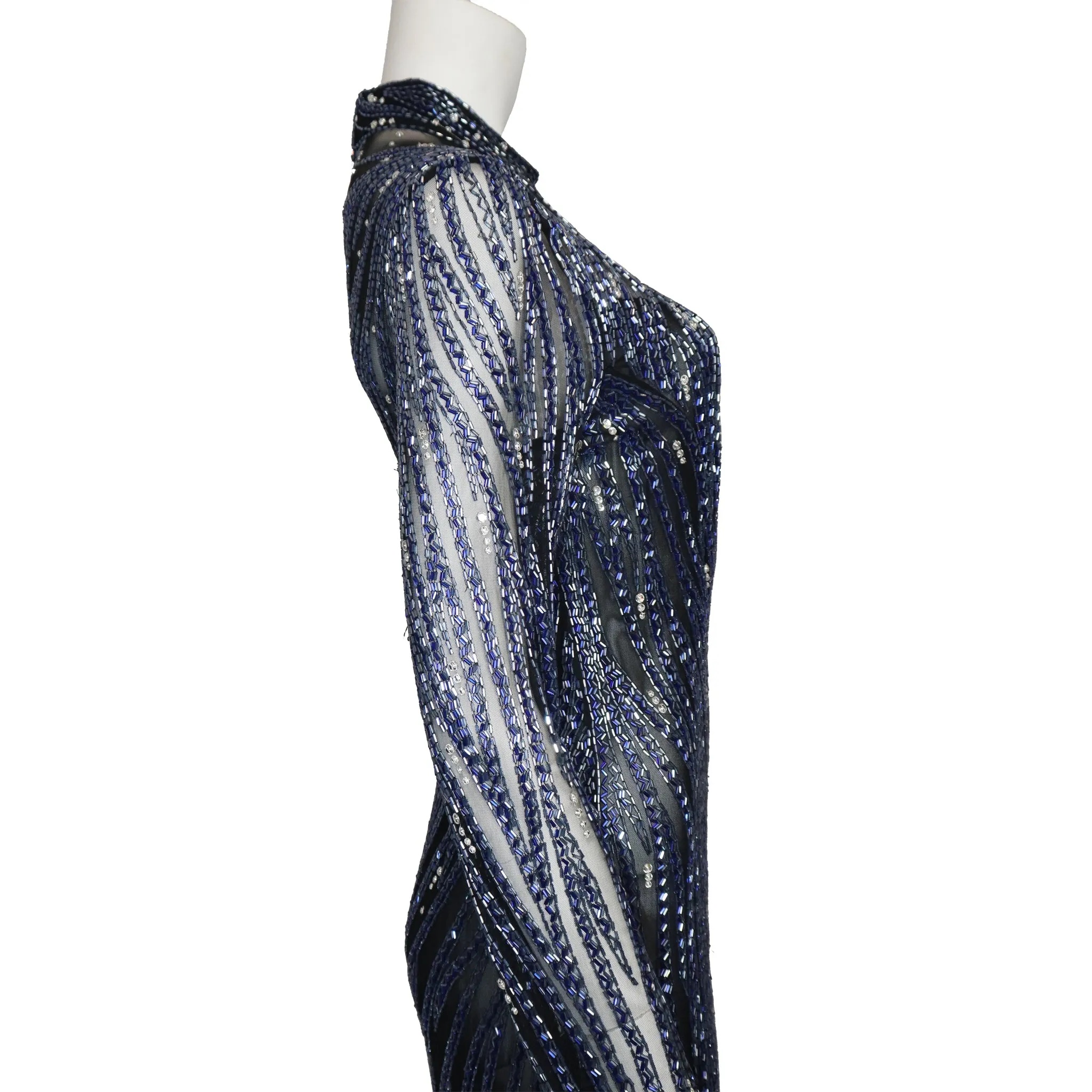 Bob Mackie Black Mesh w/ Blue Beading Long Sleeve High Neck Gown Circa 1990s