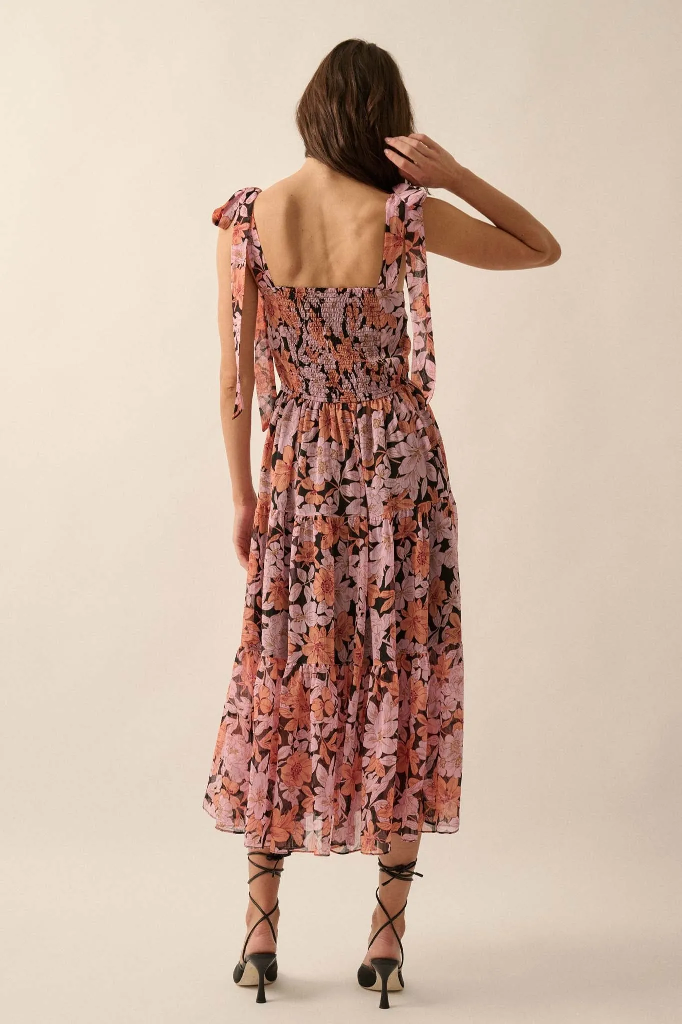 Borneo Bliss Floral Chiffon Tiered Ruffle Midi Dress