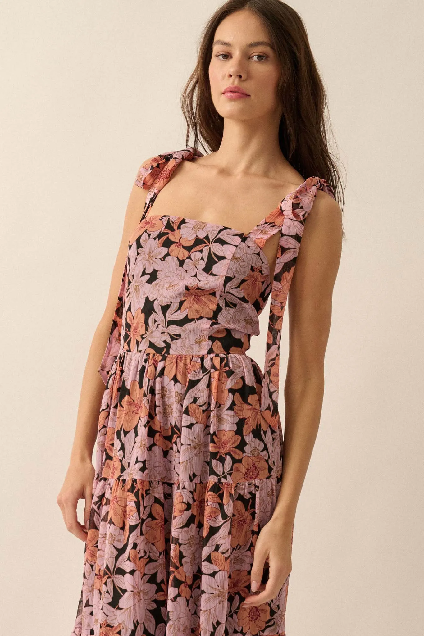 Borneo Bliss Floral Chiffon Tiered Ruffle Midi Dress