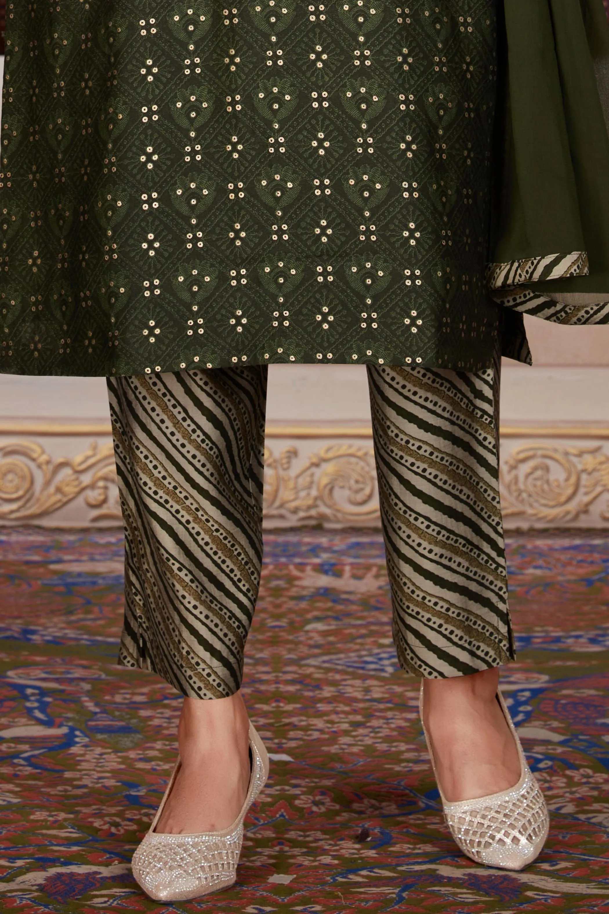 Bottle Green Digital Print, Zardozi and Mirror work with Bandini Block Print Straight Cut Salwar Suit