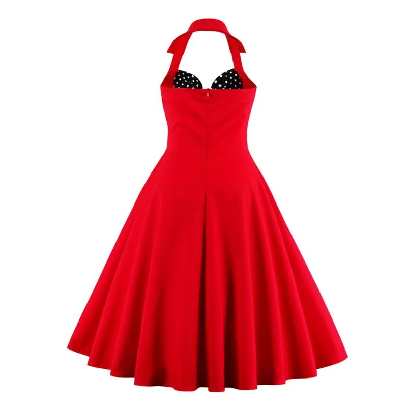 Bow Knot Front Sexy V-Neck Halter Party Vintage 50s Dress Backless Cotton Dresses