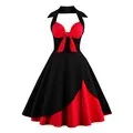 Bow Knot Front Sexy V-Neck Halter Party Vintage 50s Dress Backless Cotton Dresses