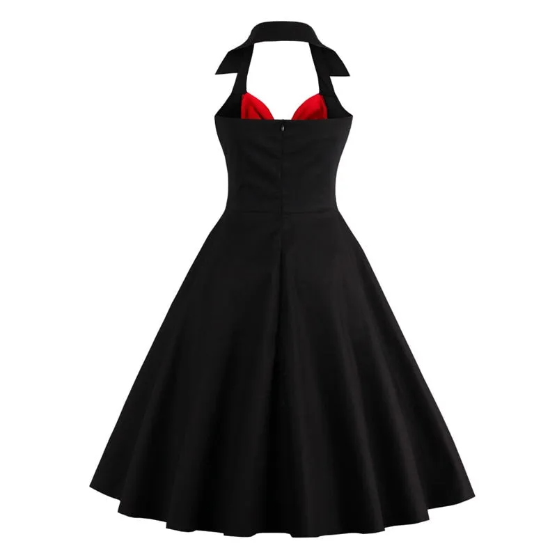 Bow Knot Front Sexy V-Neck Halter Party Vintage 50s Dress Backless Cotton Dresses