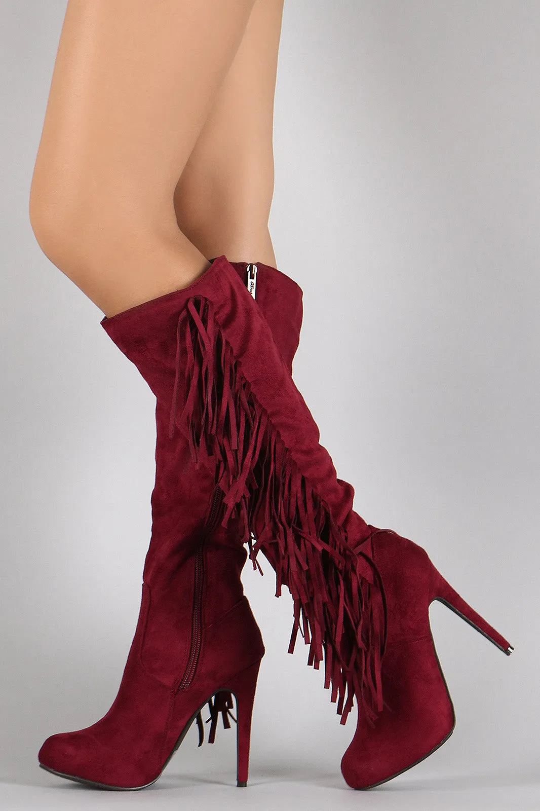 Breckelle Faux Suede Side Fringe Stiletto Knee High Boot