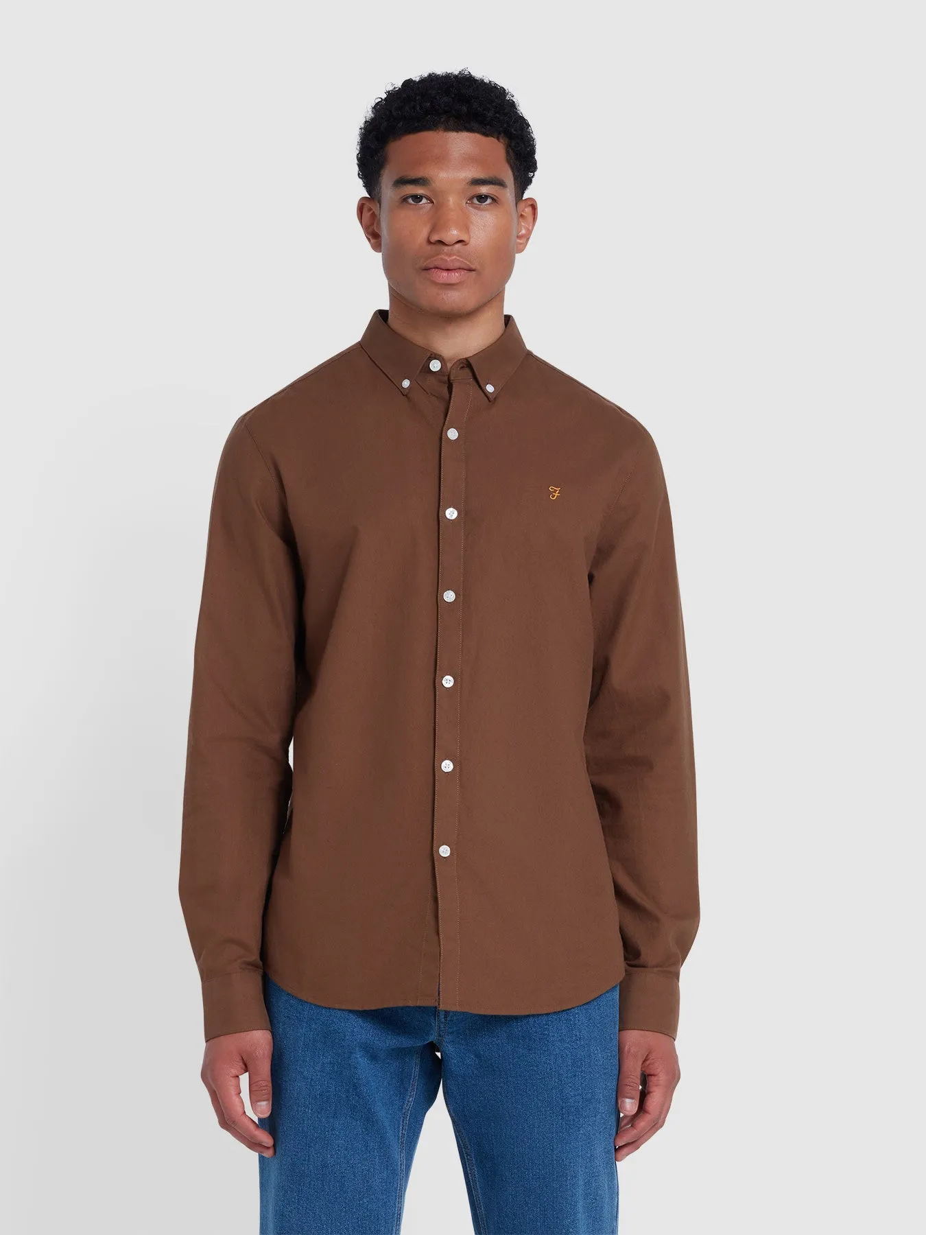 Brewer Slim Fit Organic Cotton Oxford Shirt In Mid Brown