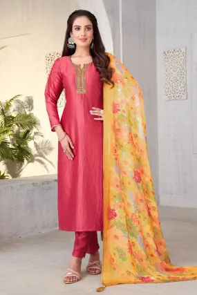 Brick Red Zardozi, Beads and Zari work Straight Cut Salwar Suit with Floral Print Dupatta