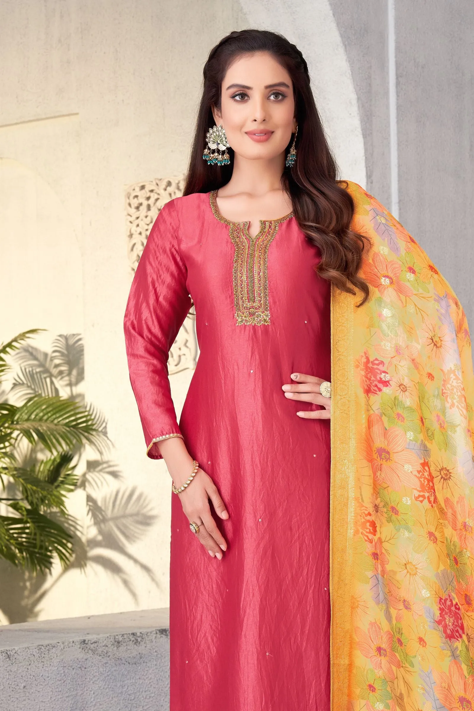 Brick Red Zardozi, Beads and Zari work Straight Cut Salwar Suit with Floral Print Dupatta