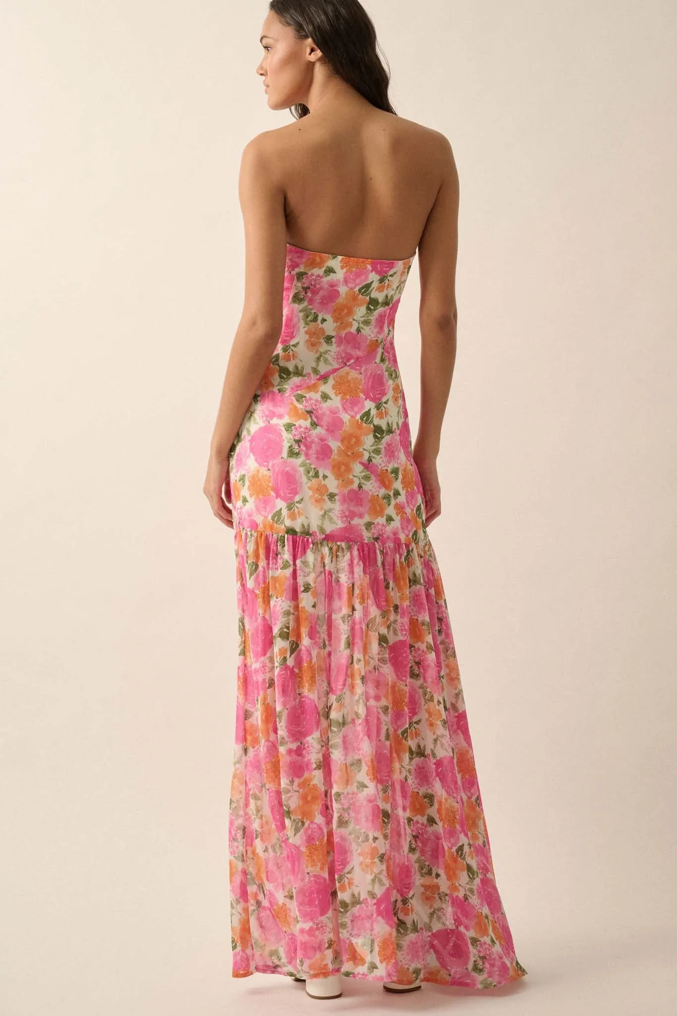 Bright Buds Strapless Floral Drop-Waist Maxi Dress