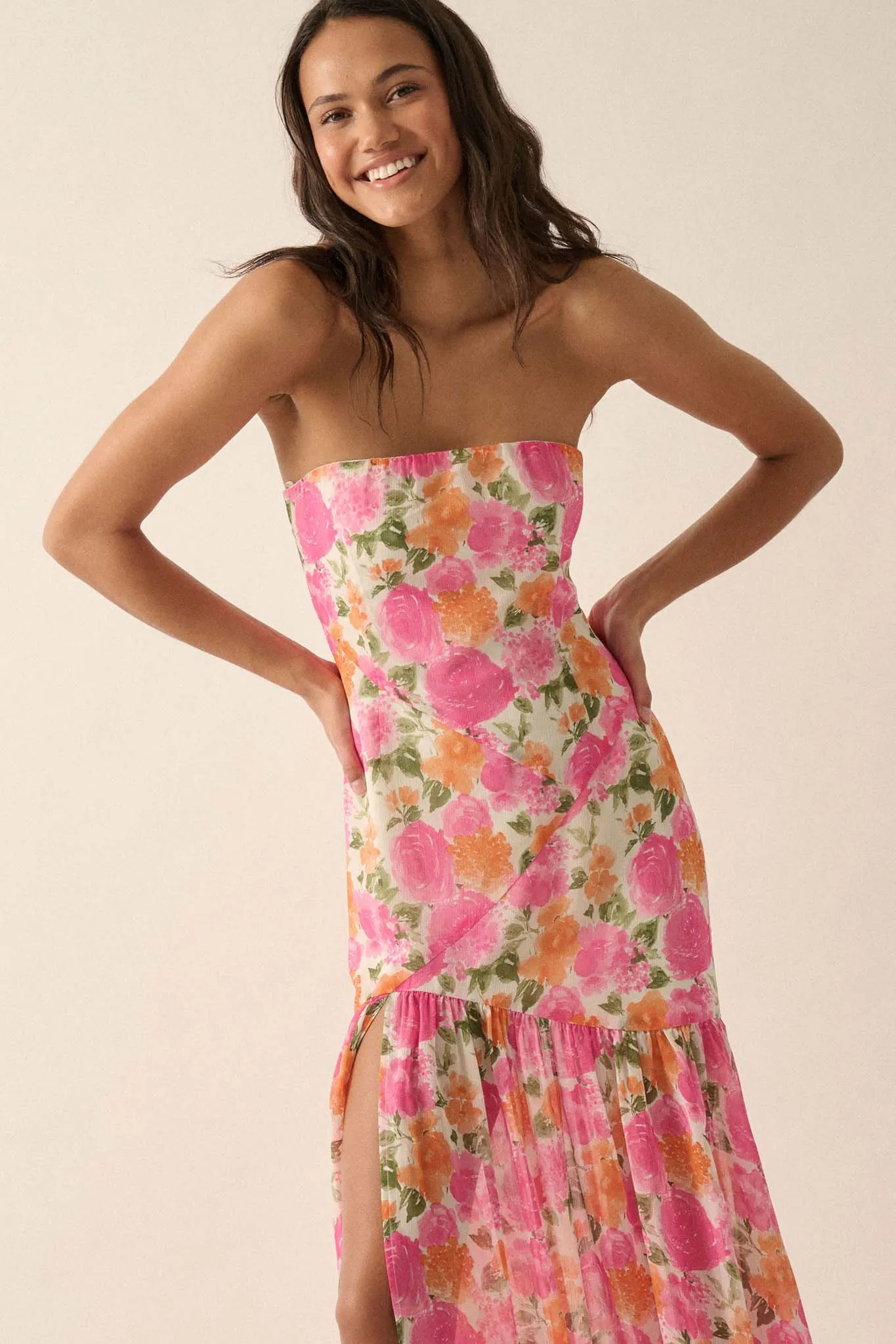 Bright Buds Strapless Floral Drop-Waist Maxi Dress