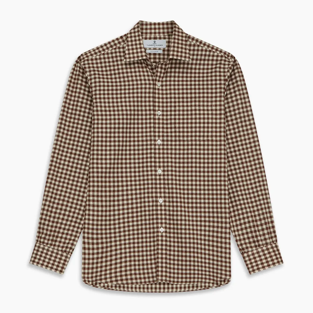 Brown Check Weekend Fit Shirt with Derby Collar and 1-Button Cuffs