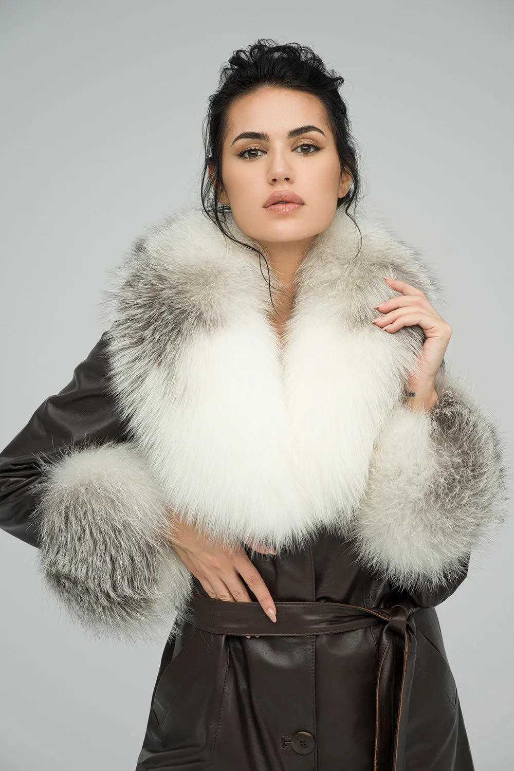 Brown Genuine Maxi Lambskin Overcoat with Arctic Fox Fur Collar and Cuffs