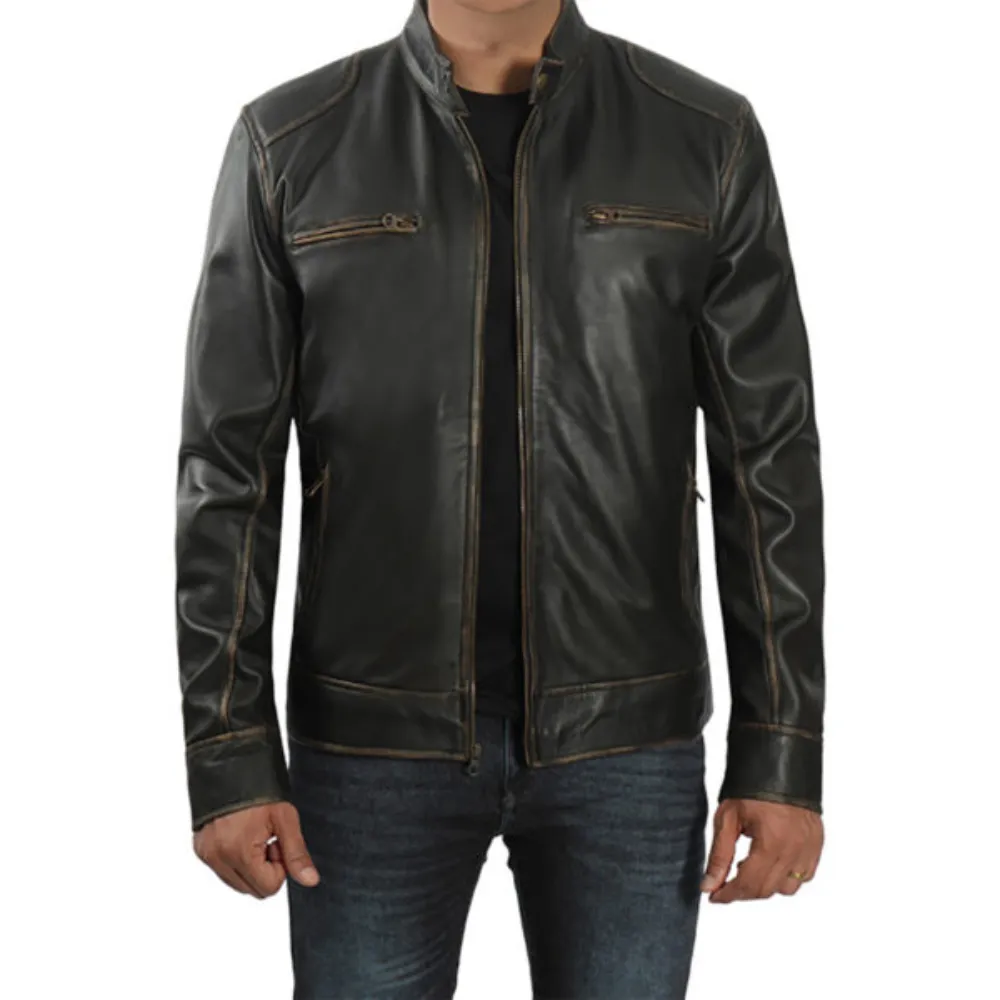 Cafe Racer Dark Brown Distressed Leather Jacket