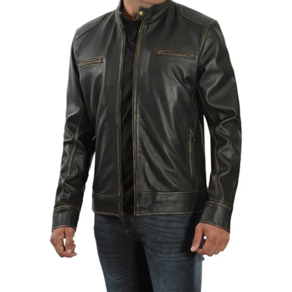 Cafe Racer Dark Brown Distressed Leather Jacket