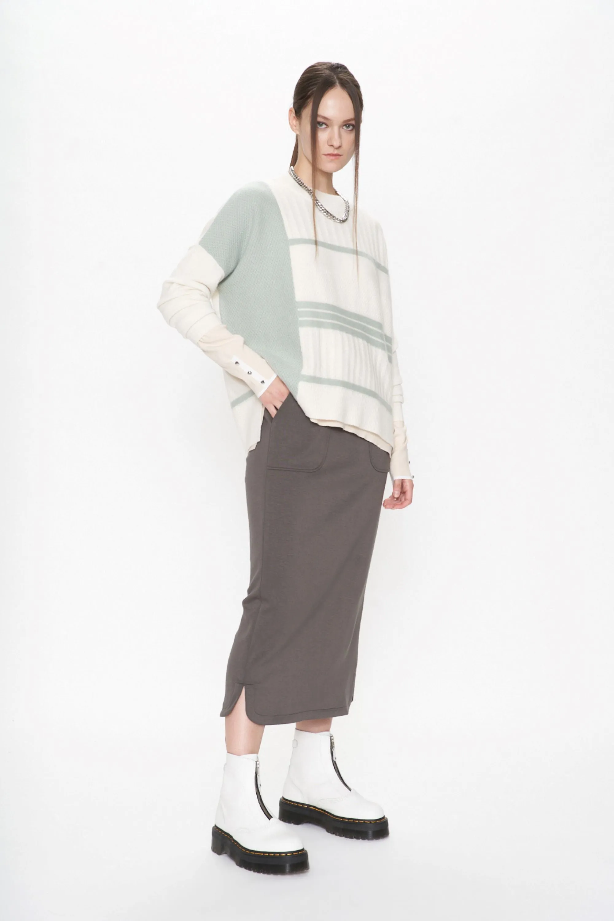 Cashmere Border Mix Cable Knit Top