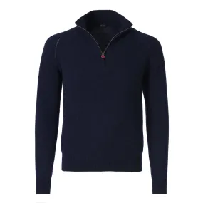 Cashmere High-Neck Sweater with Half-Zip in Blue