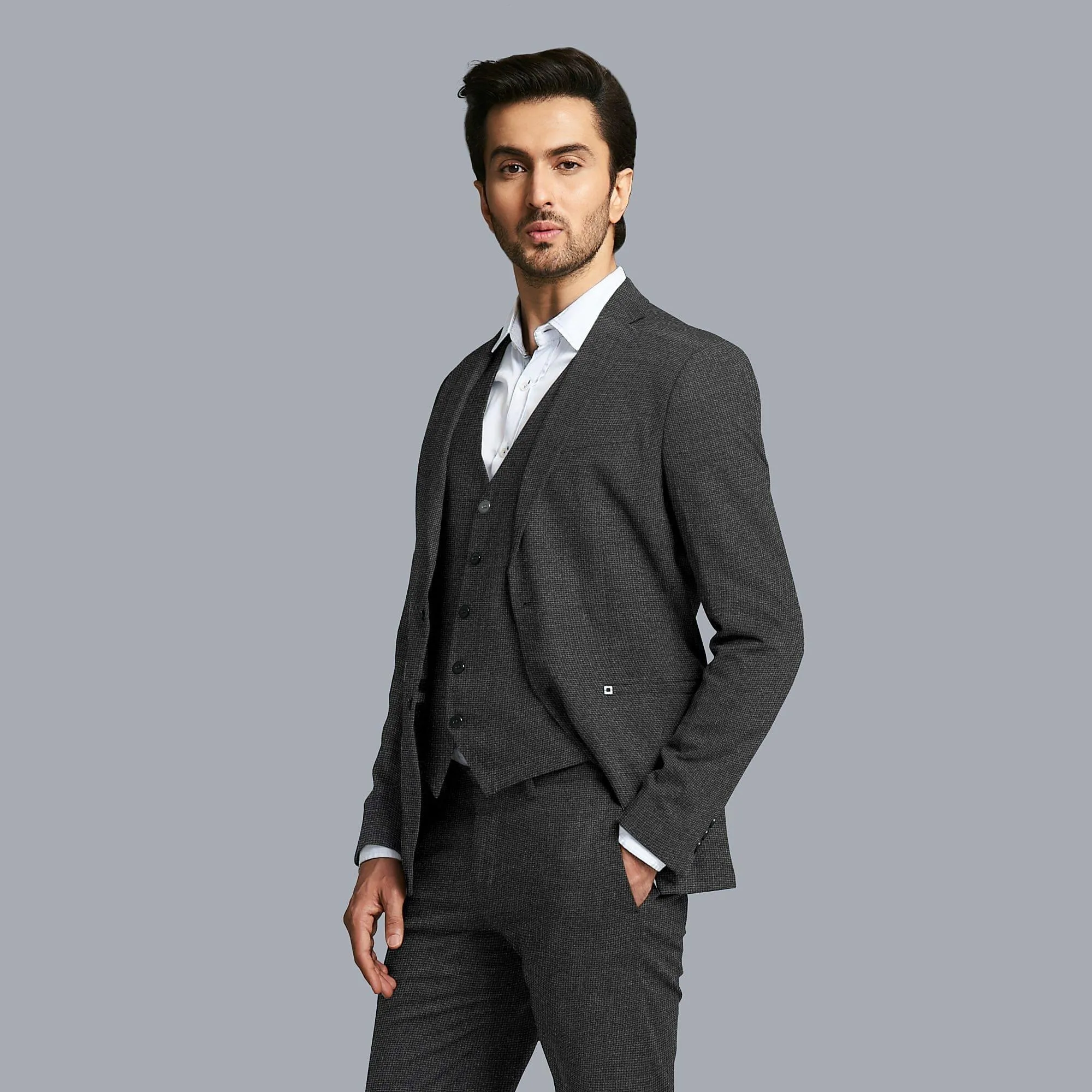 Charcoal grey Premium super 120's English wool suiting fabric with black self design-D11439